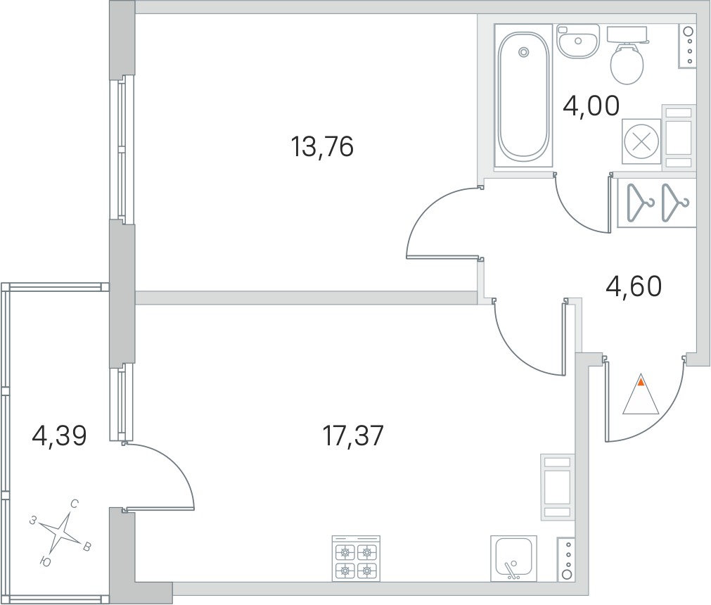 1 комн. квартира, 39.7 м², 4 этаж 
