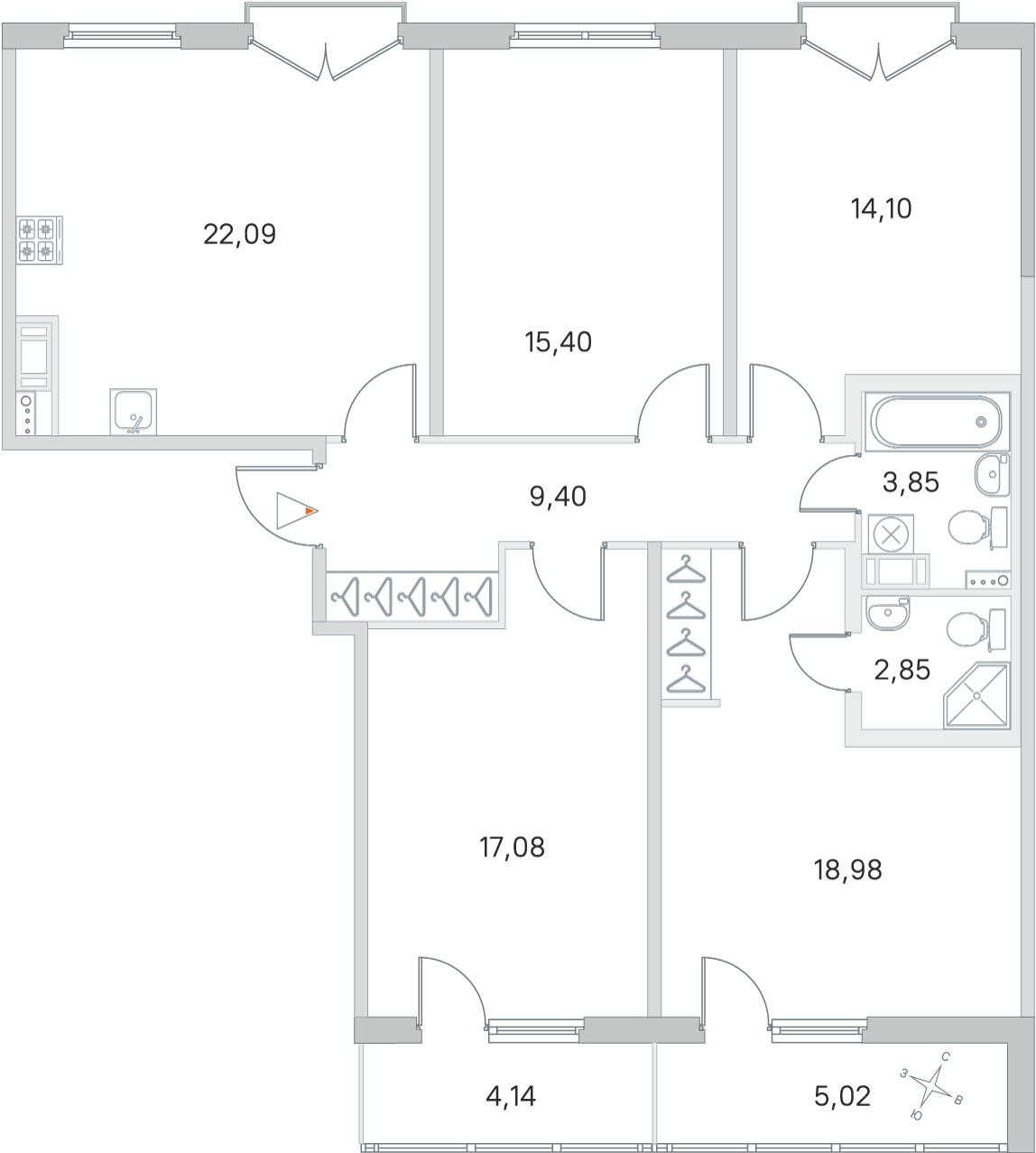 4 комн. квартира, 103.8 м², 4 этаж 