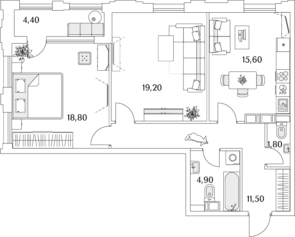 2 комн. квартира, 73.7 м², 7 этаж 