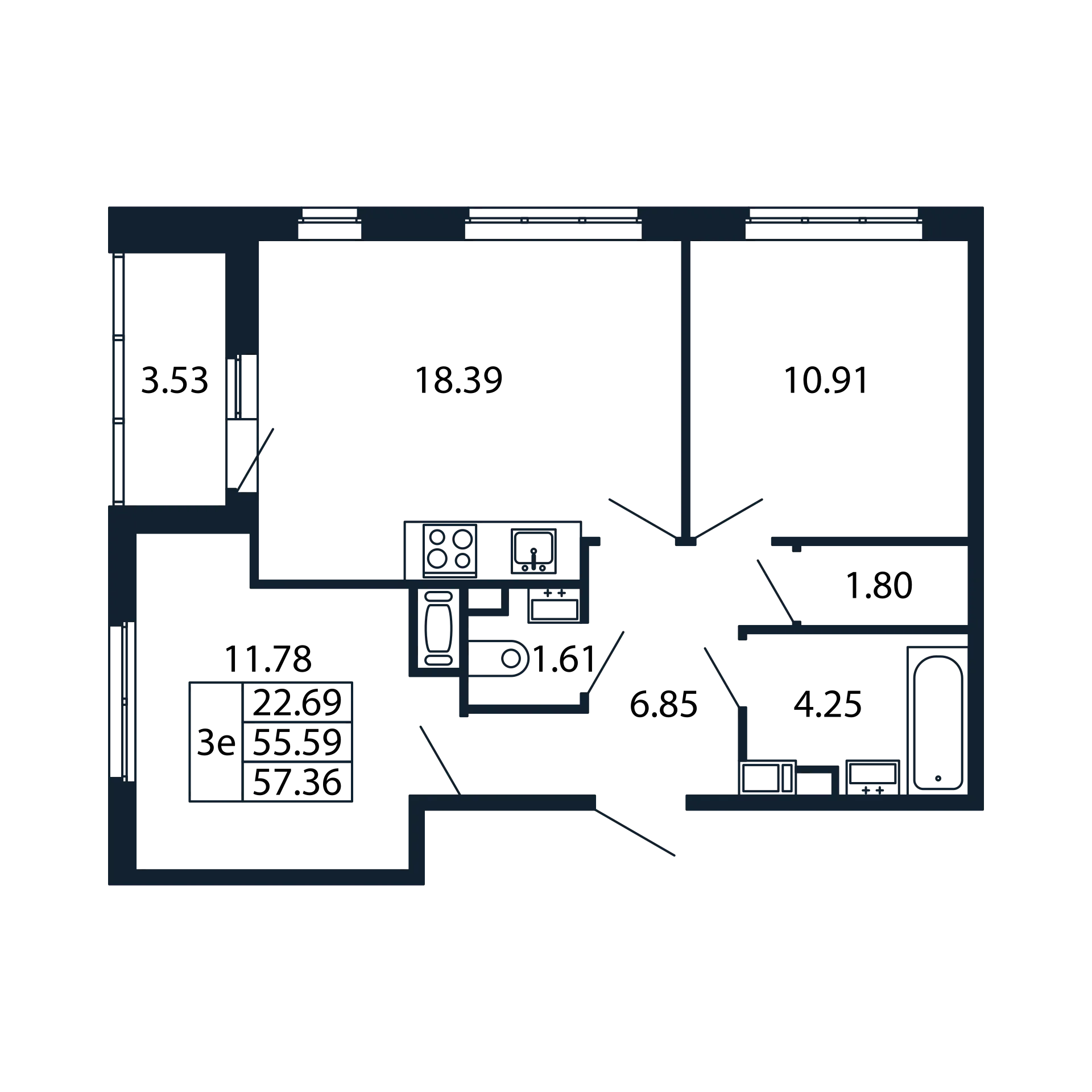 3 комн. квартира, 54.6 м², 10 этаж 