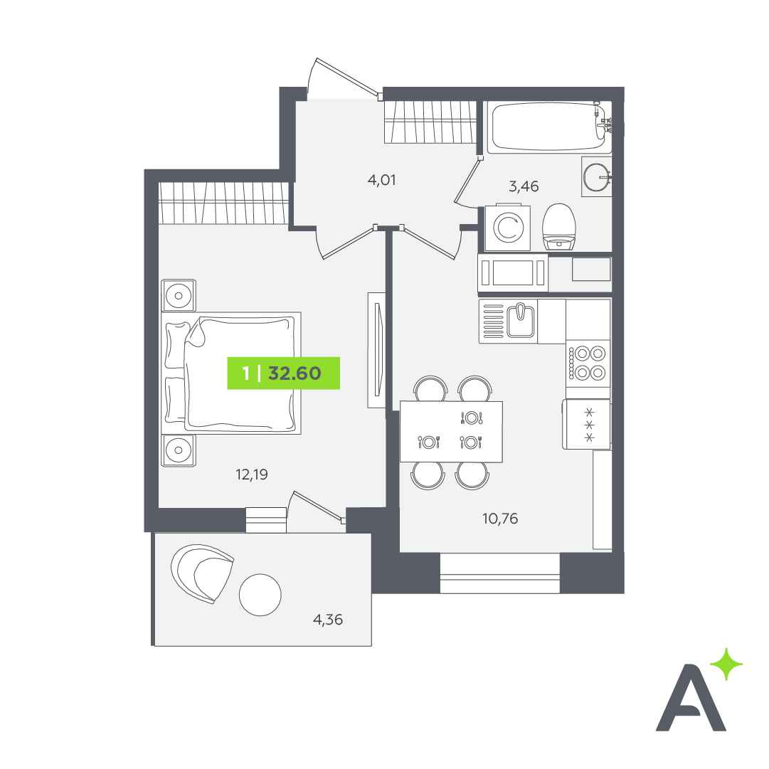 1 комн. квартира, 32.6 м², 12 этаж 