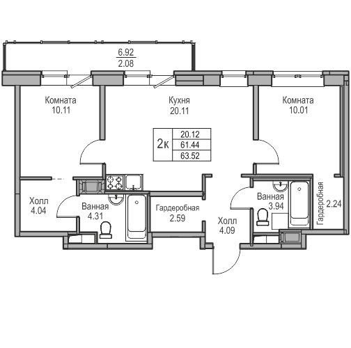 2 комн. квартира, 63.5 м², 16 этаж 