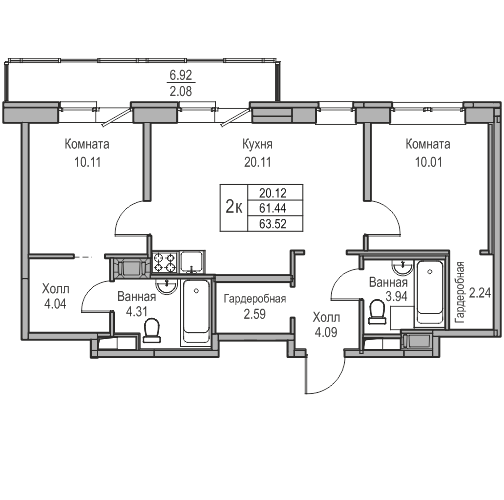 2 комн. квартира, 63.5 м², 20 этаж 