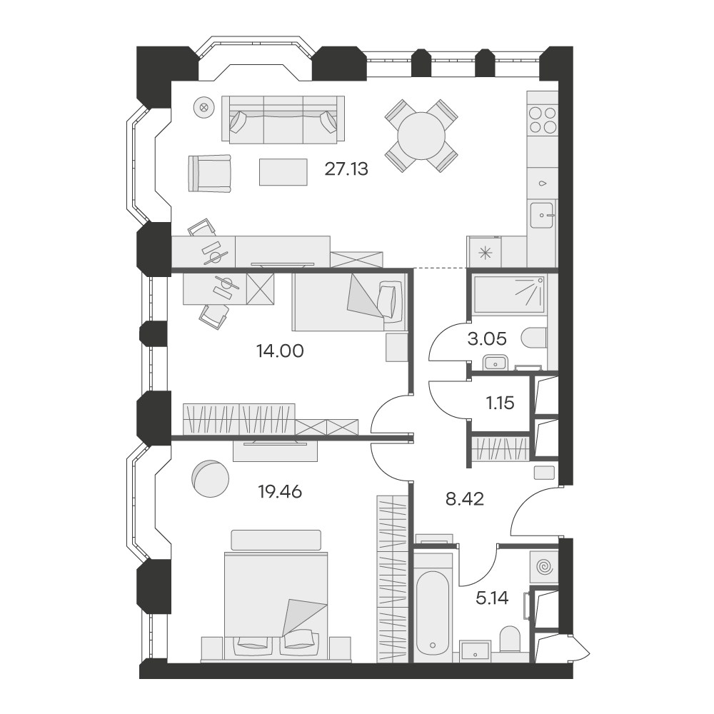 1 комн. квартира, 78.7 м², 3 этаж 