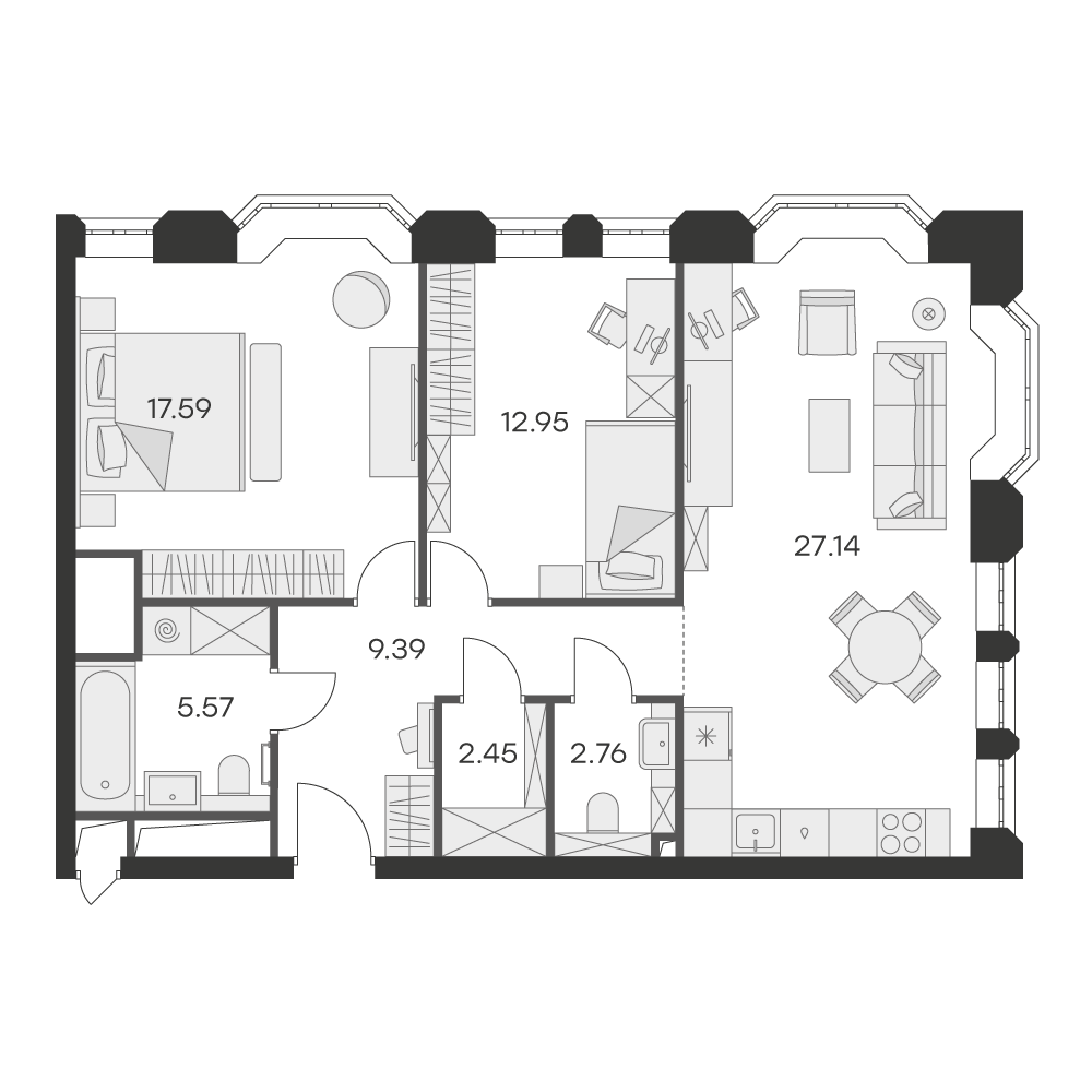 1 комн. квартира, 79.2 м², 13 этаж 