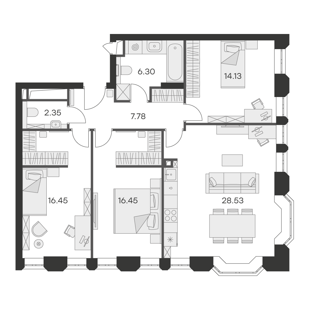 2 комн. квартира, 92.1 м², 3 этаж 