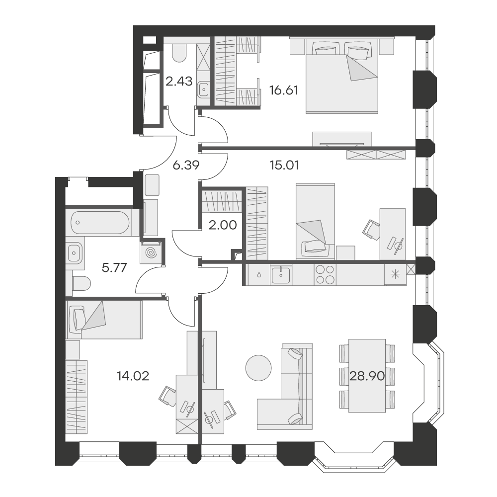 2 комн. квартира, 91.4 м², 5 этаж 