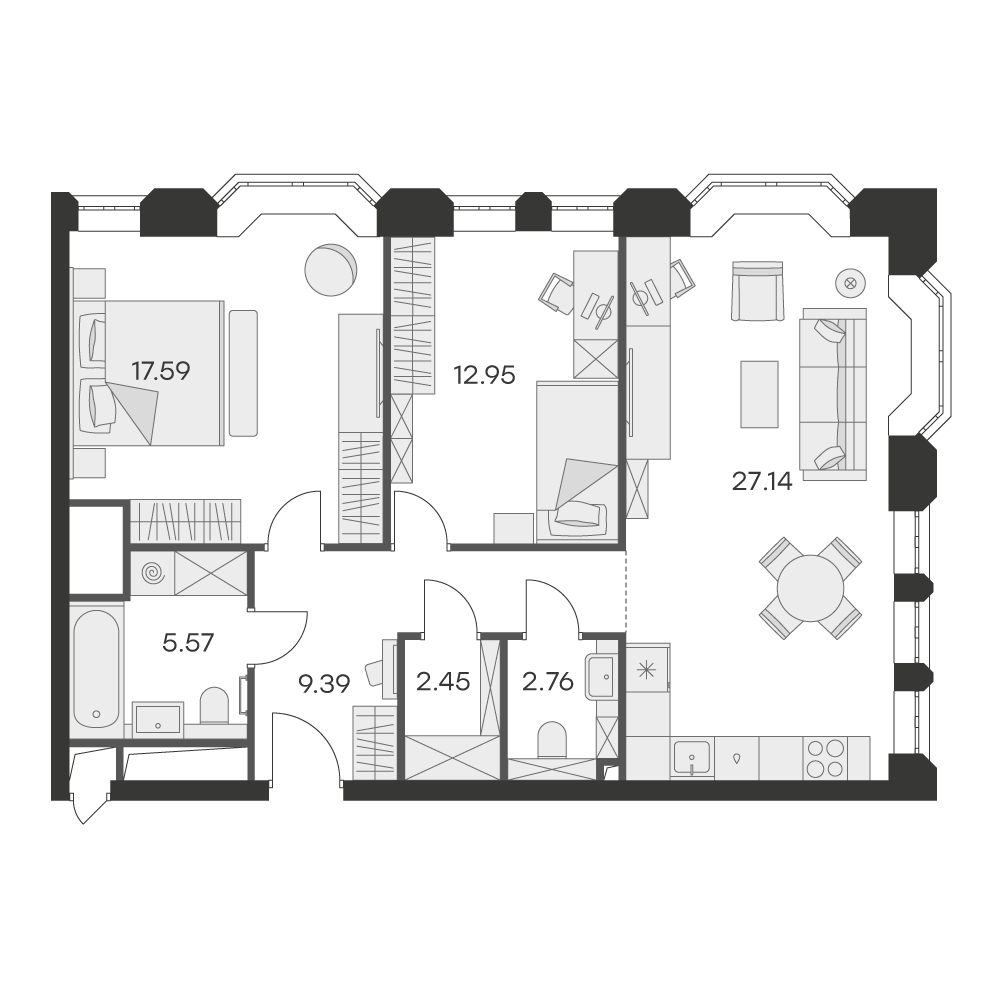 1 комн. квартира, 79.2 м², 16 этаж 