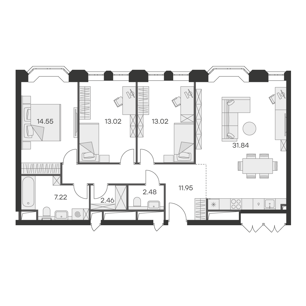 2 комн. квартира, 97 м², 17 этаж 