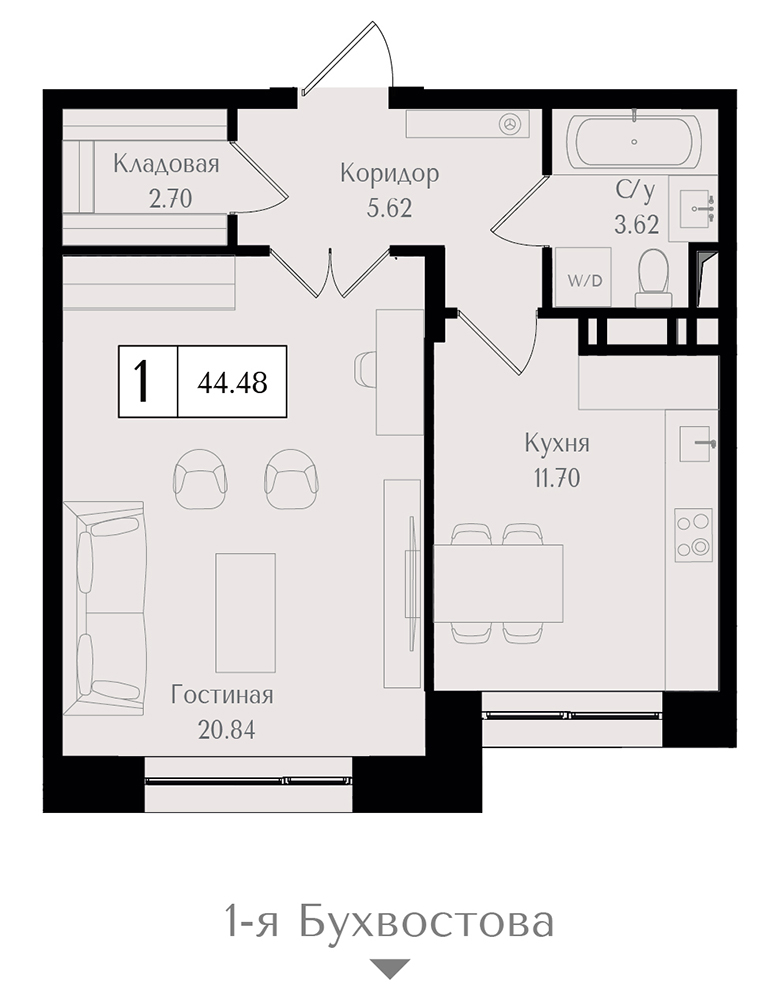 1 комн. квартира, 44.5 м², 13 этаж 