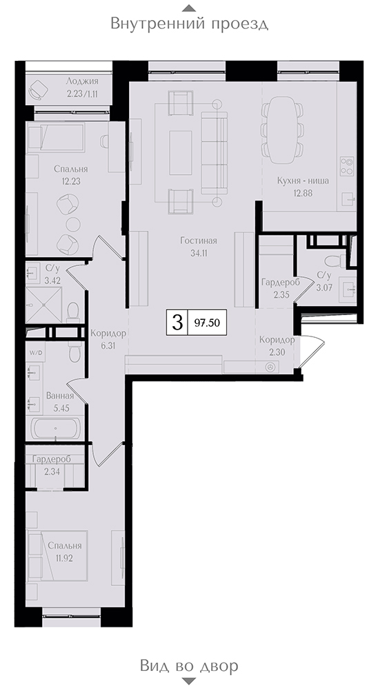 3 комн. квартира, 97.6 м², 5 этаж 