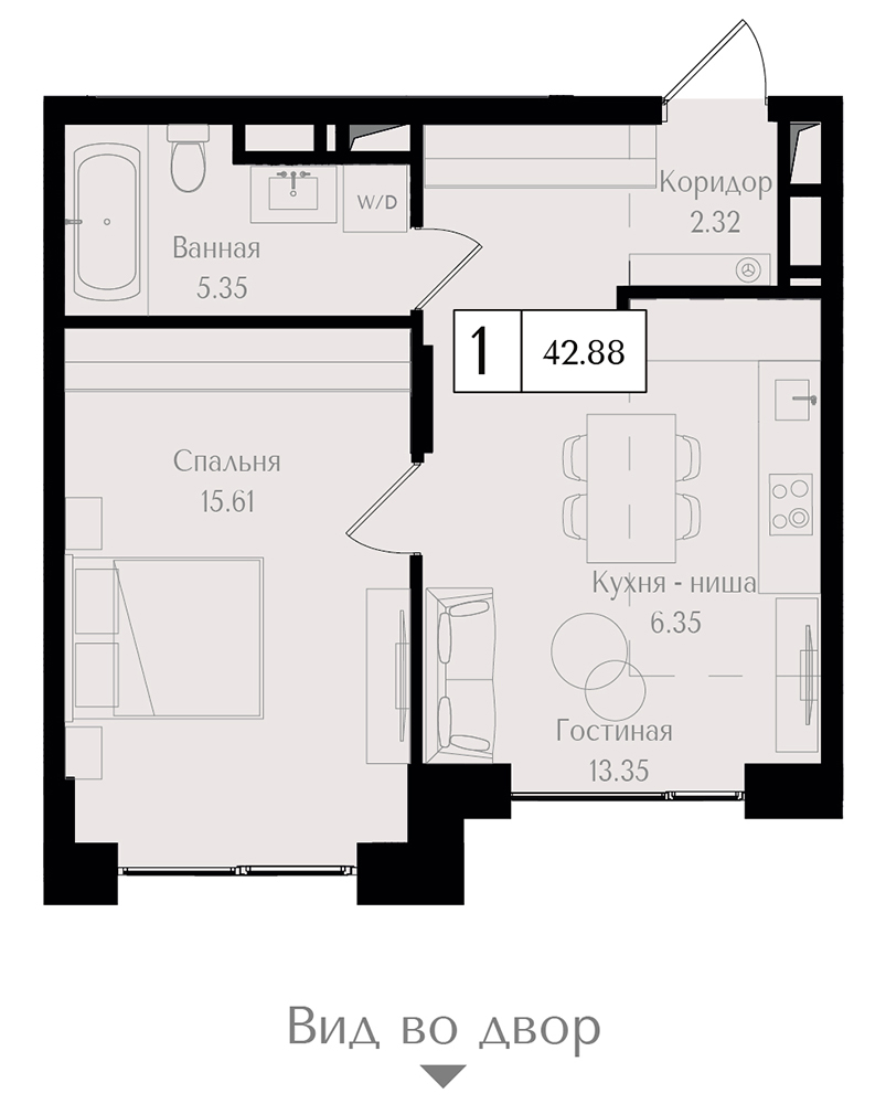 1 комн. квартира, 42.9 м², 14 этаж 