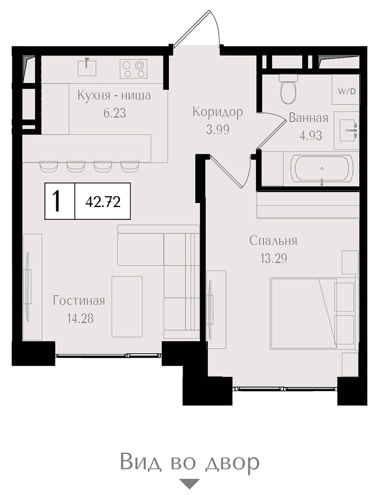 1 комн. квартира, 42.7 м², 16 этаж 