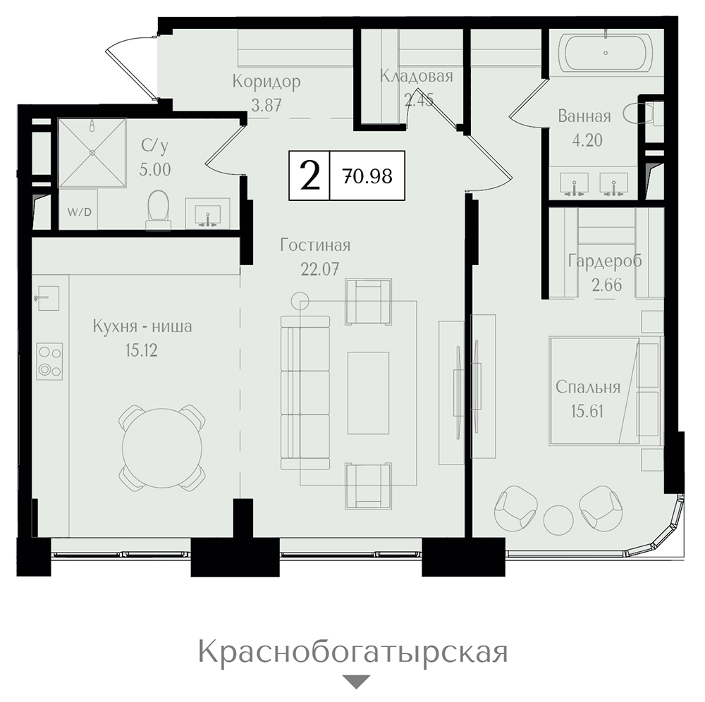 2 комн. квартира, 71 м², 13 этаж 