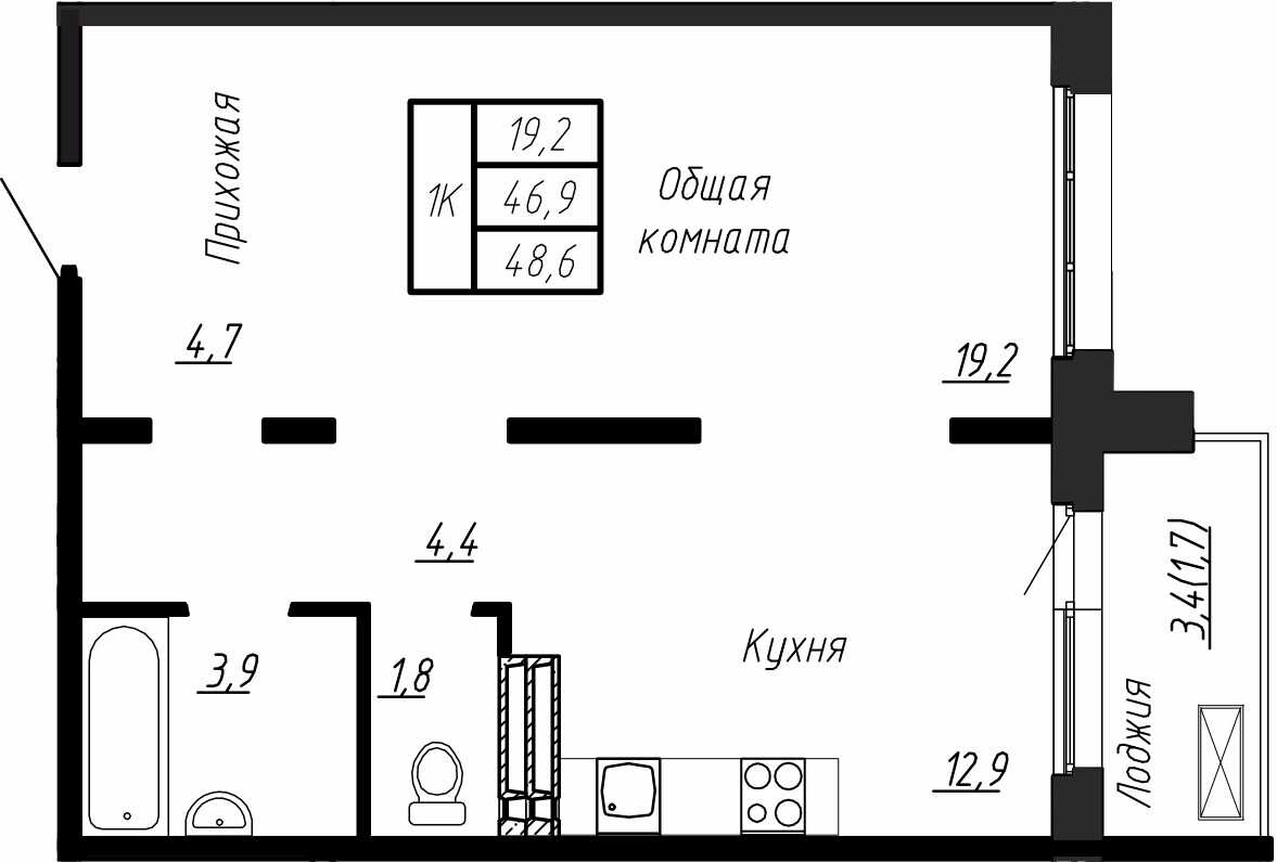1 комн. квартира, 49 м², 13 этаж 