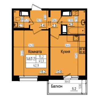 1 комн. квартира, 41.3 м², 22 этаж 