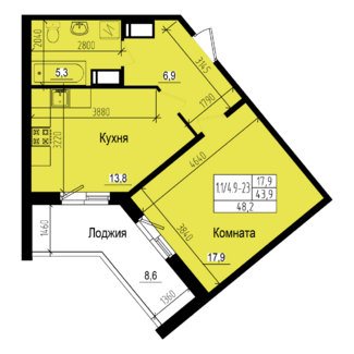 1 комн. квартира, 43.9 м², 18 этаж 