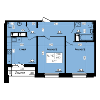 2 комн. квартира, 60.3 м², 20 этаж 