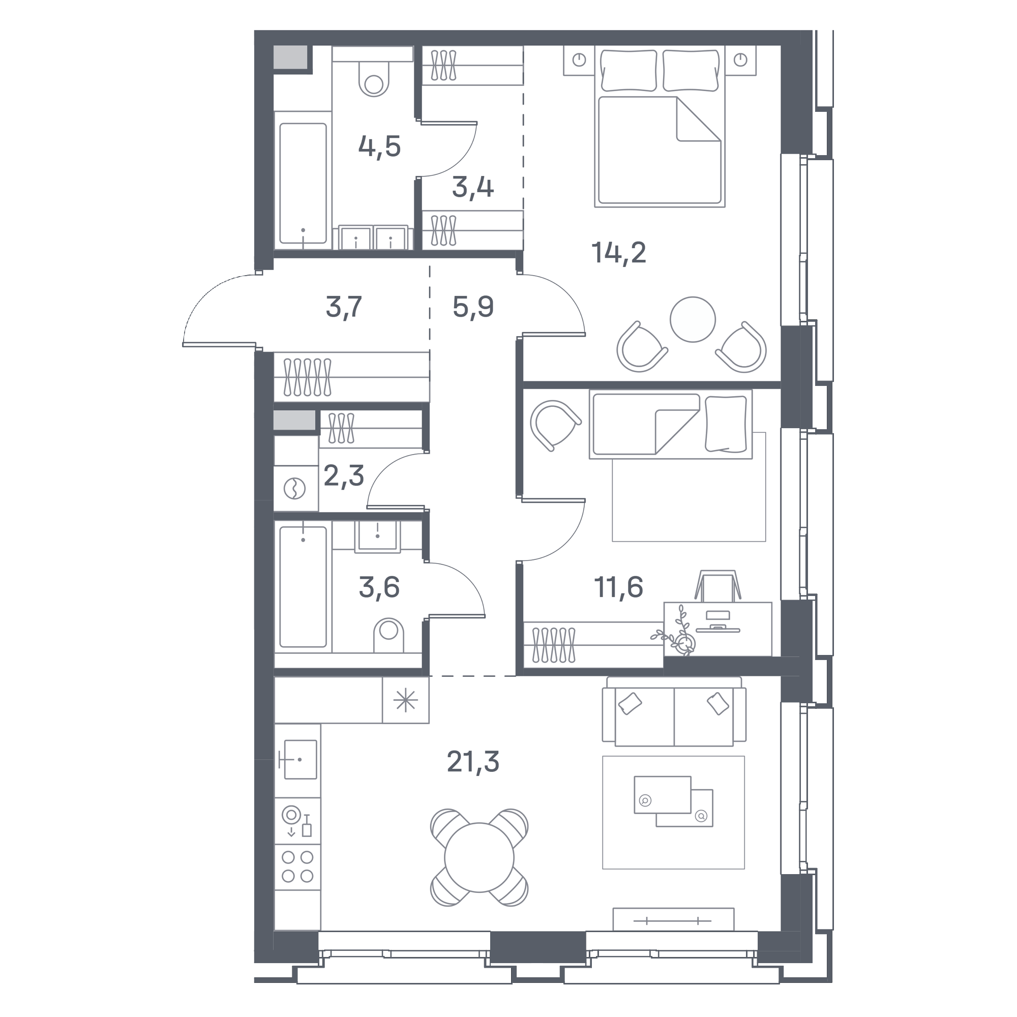 2 комн. квартира, 70.5 м², 18 этаж 
