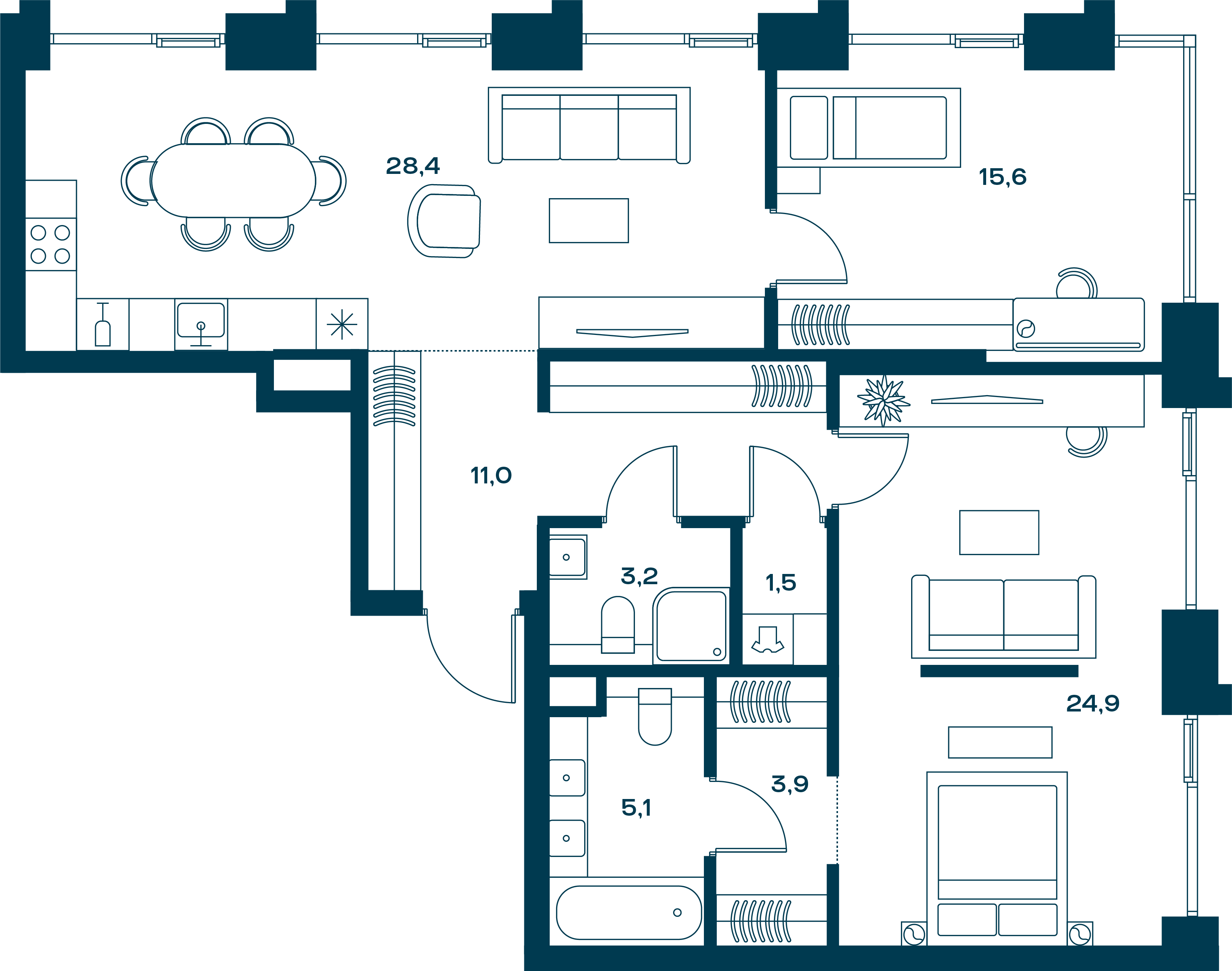 2 комн. квартира, 96 м², 27 этаж 