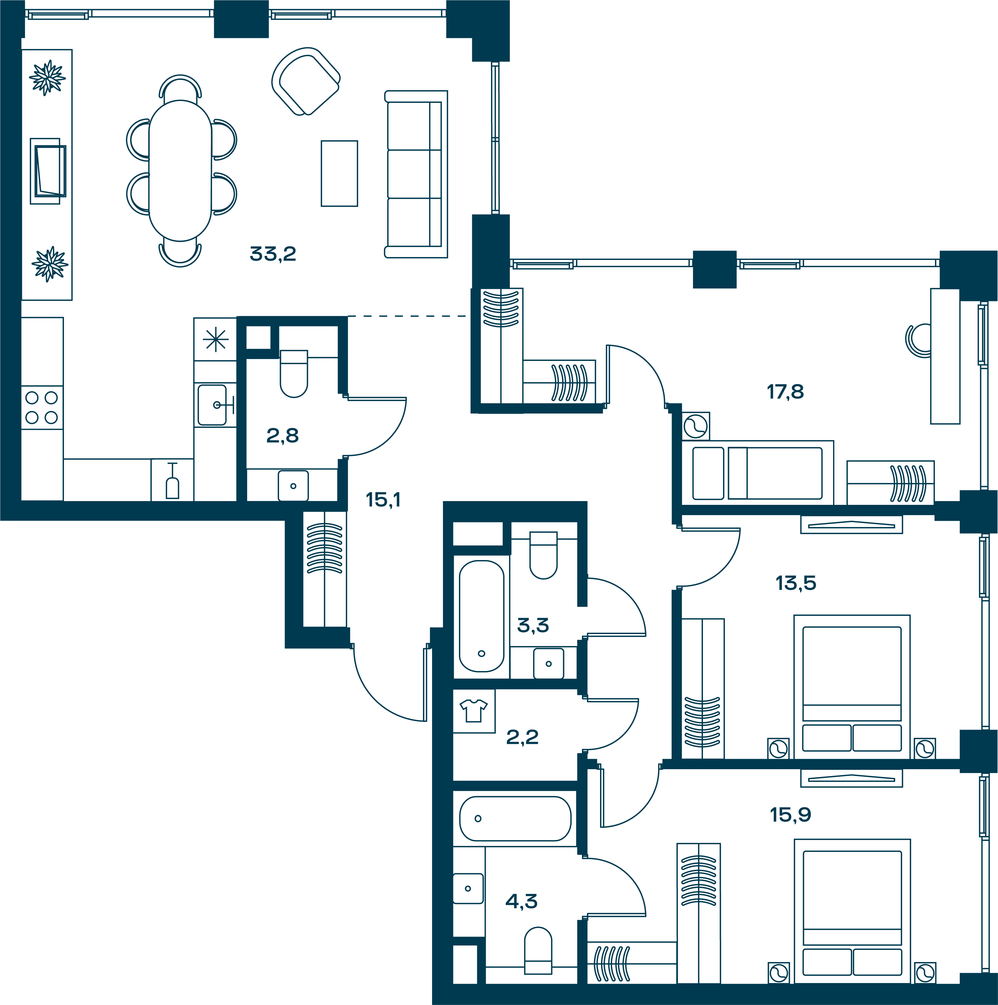 3 комн. квартира, 114.1 м², 29 этаж 