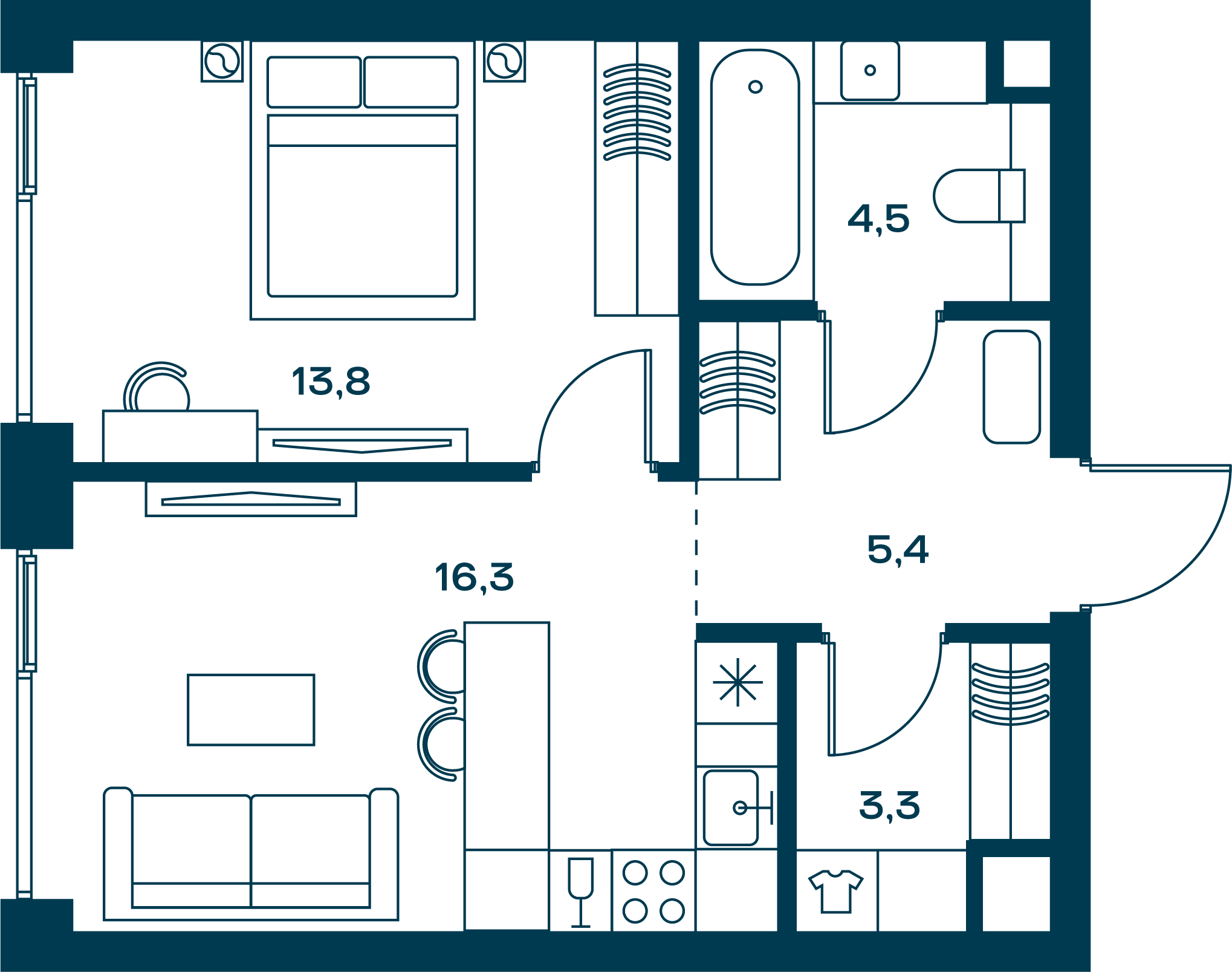 1 комн. квартира, 45 м², 23 этаж 