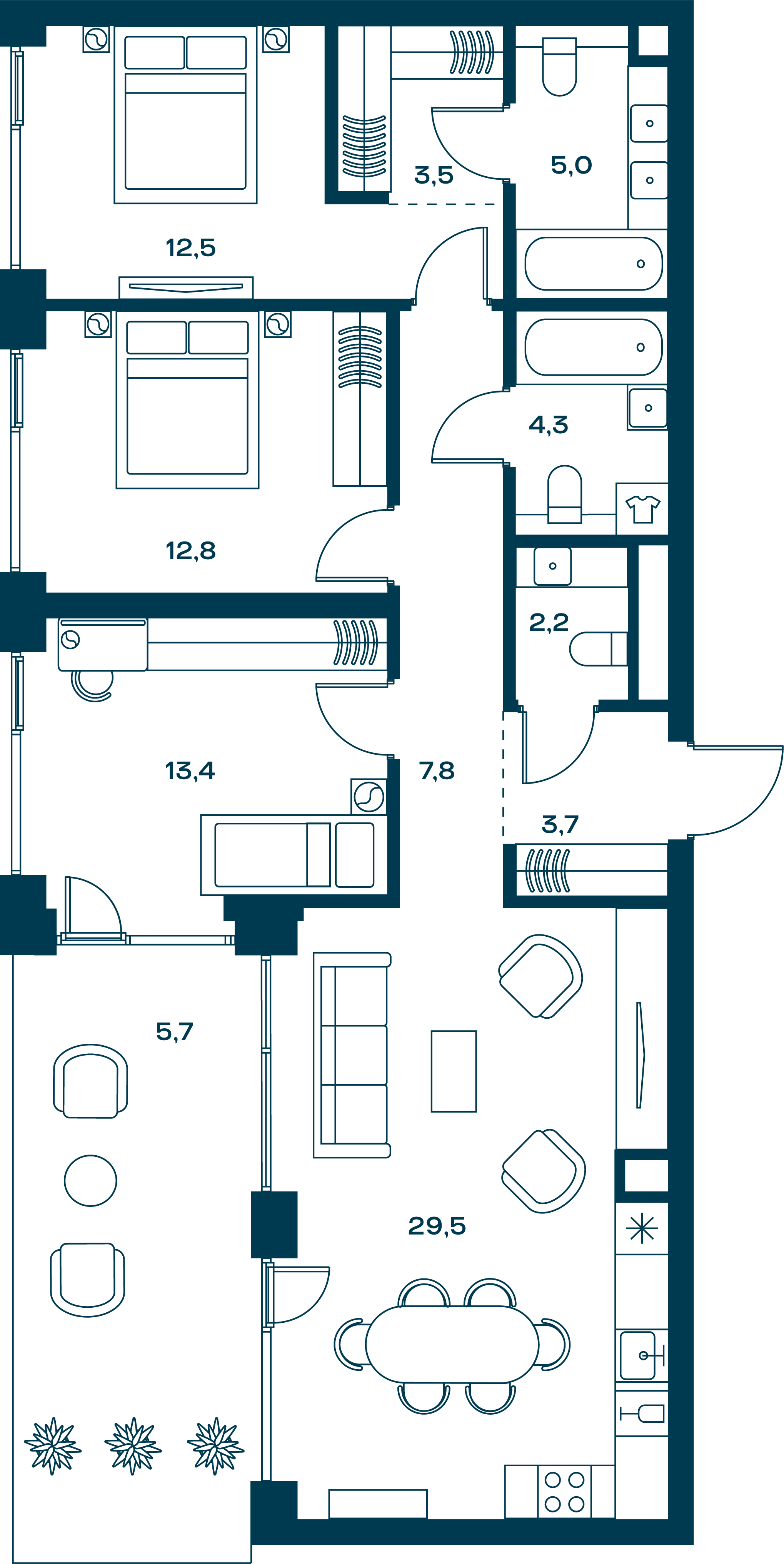 3 комн. квартира, 105 м², 24 этаж 