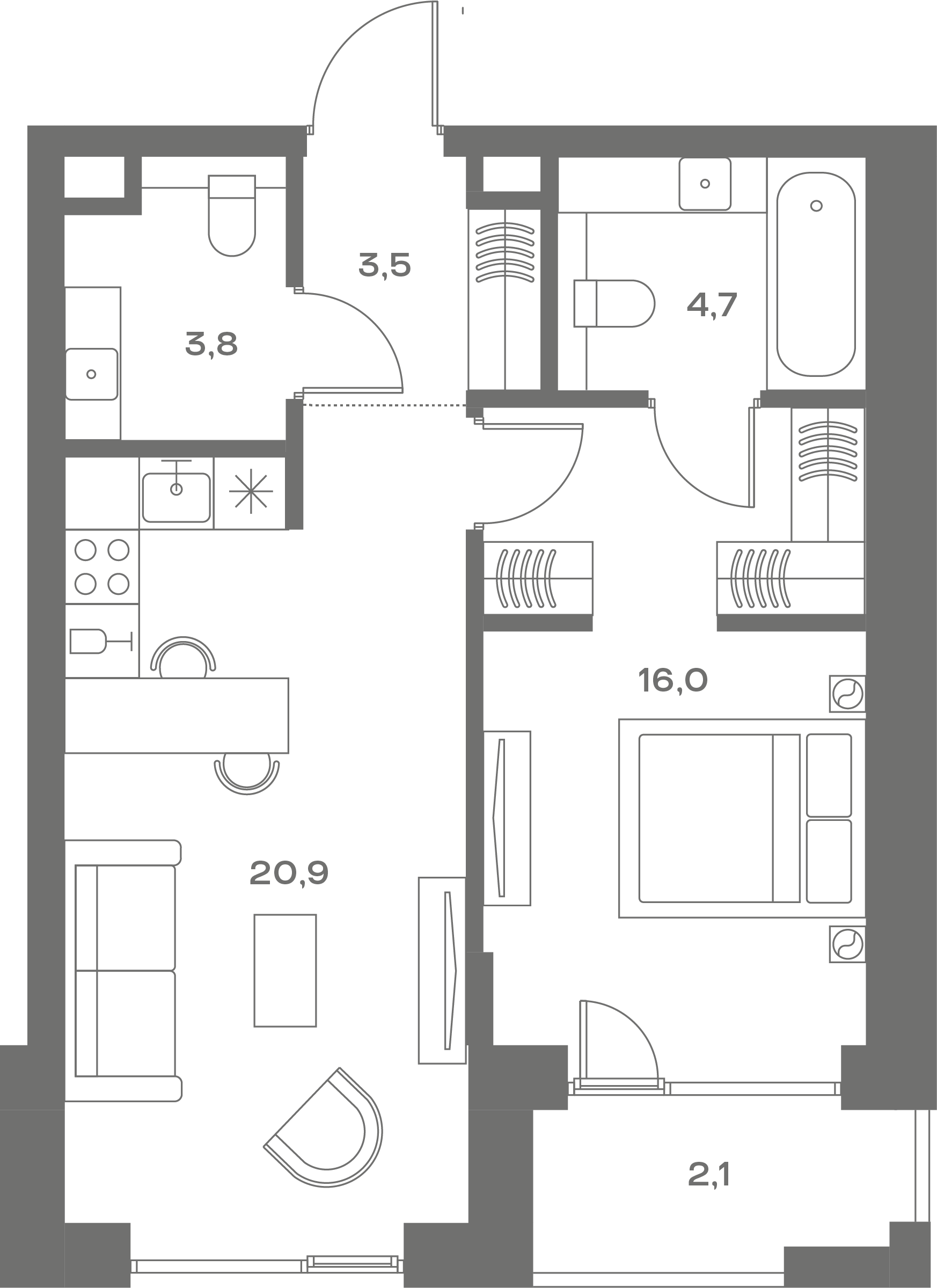 1 комн. квартира, 53.3 м², 2 этаж 