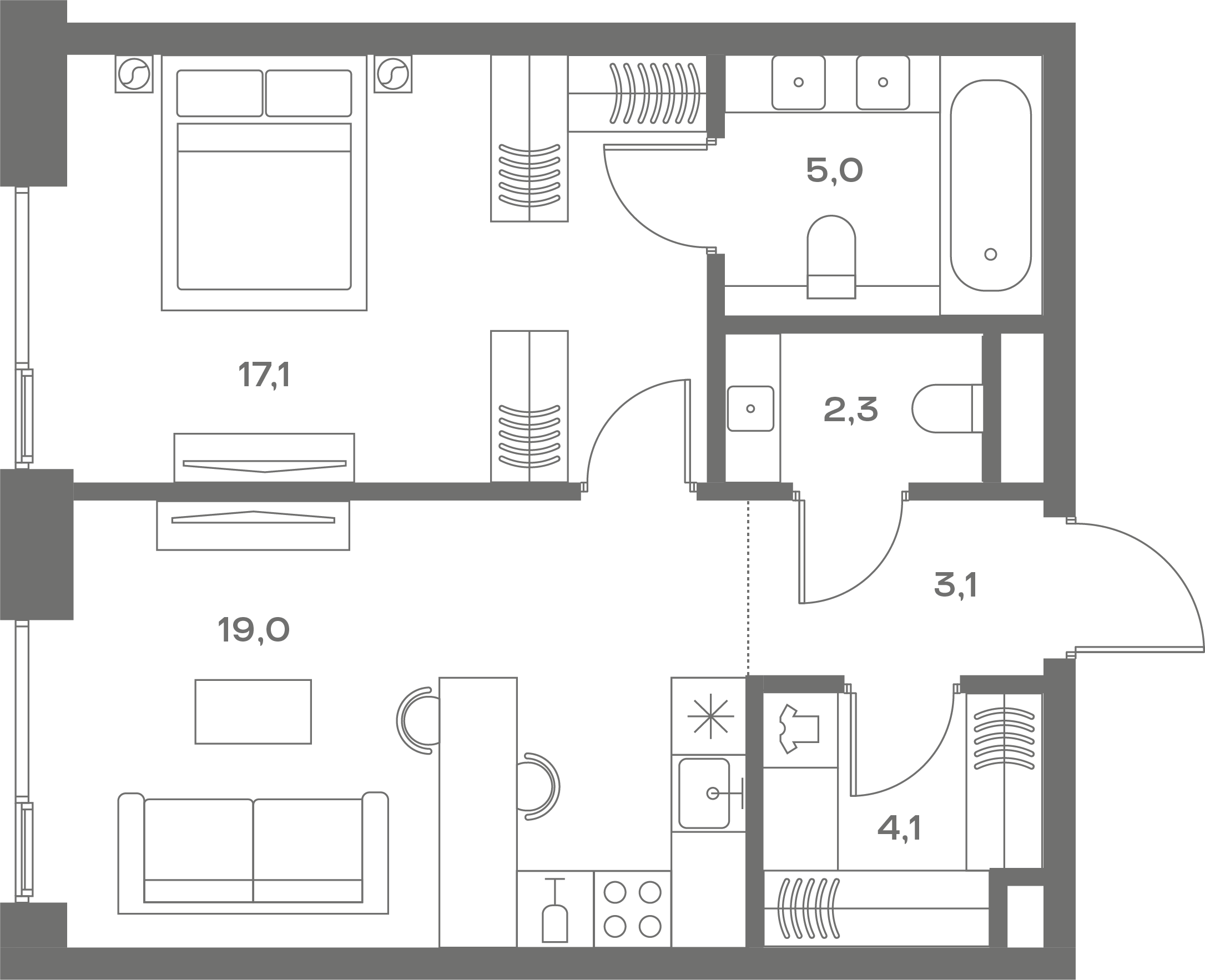 1 комн. квартира, 53.2 м², 2 этаж 