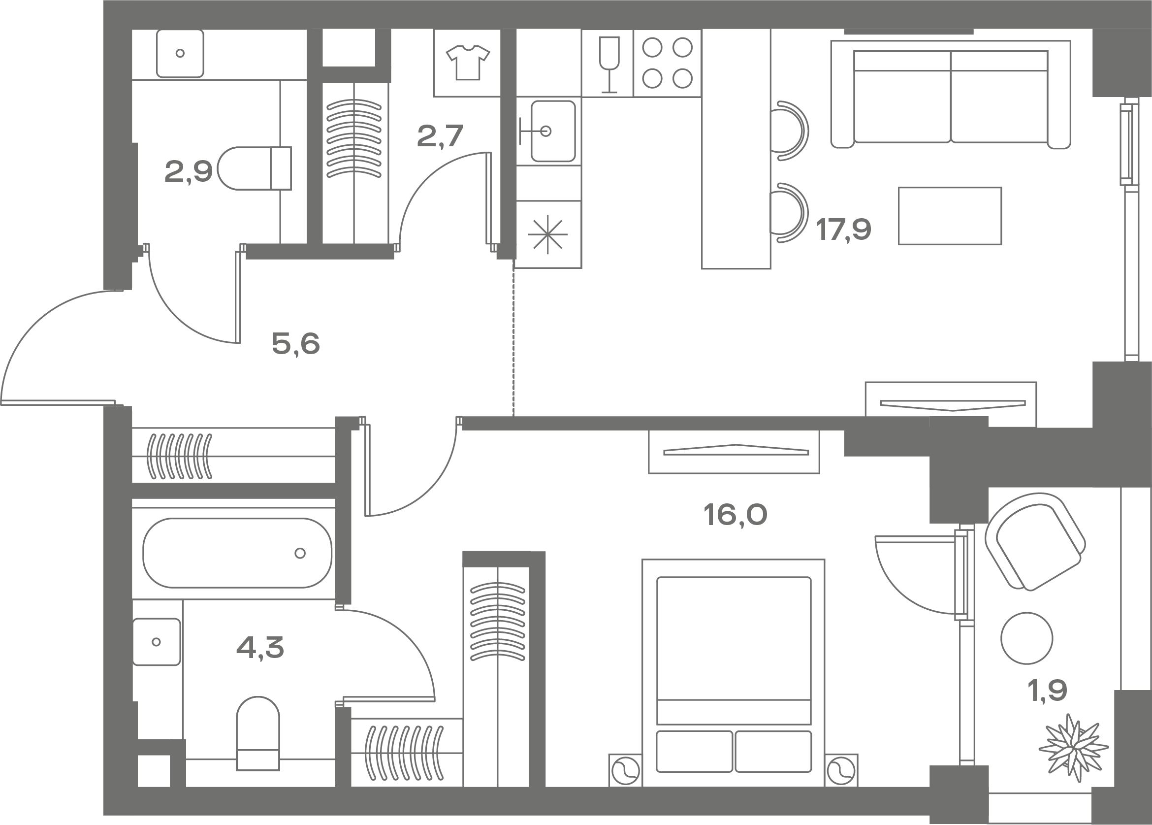 1 комн. квартира, 53.5 м², 2 этаж 