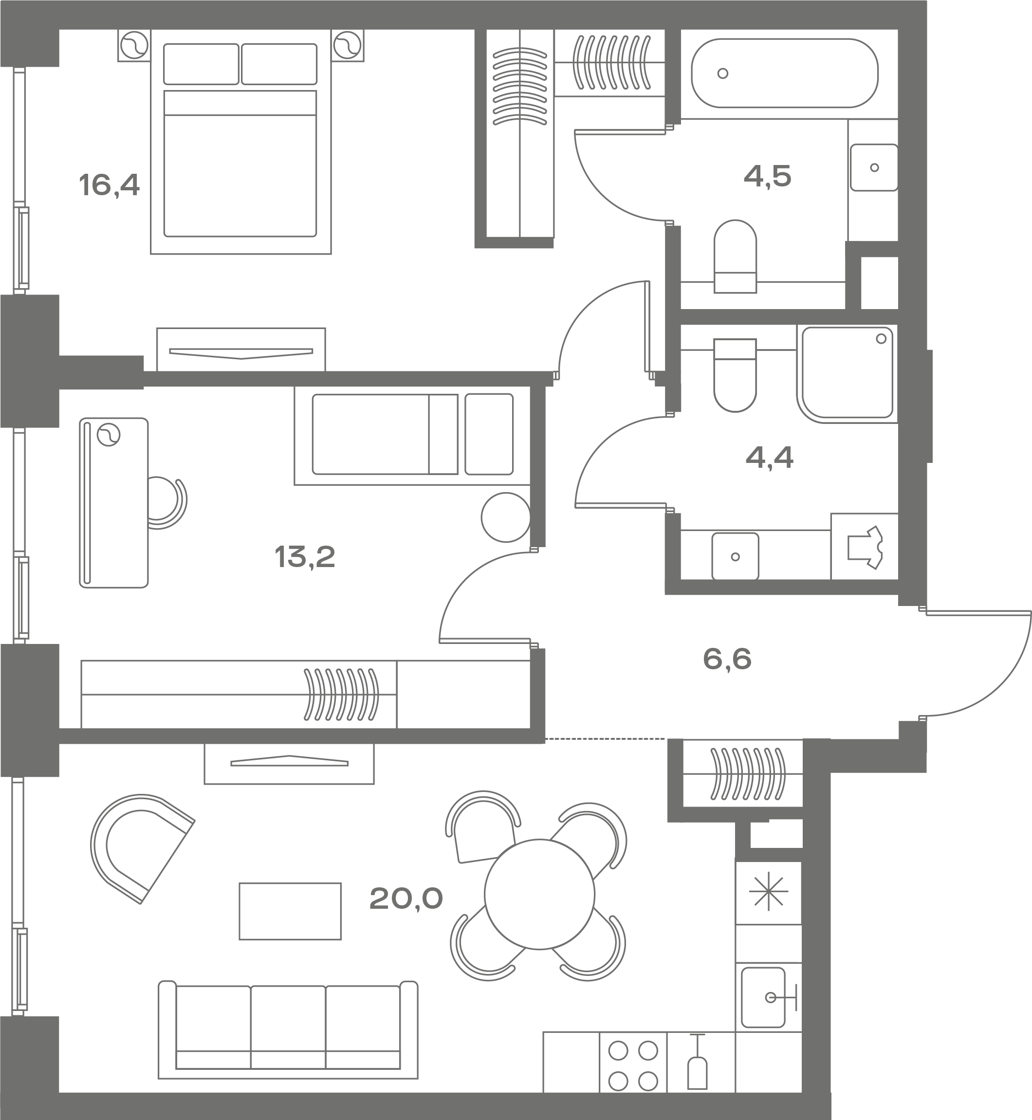 2 комн. квартира, 68.5 м², 2 этаж 