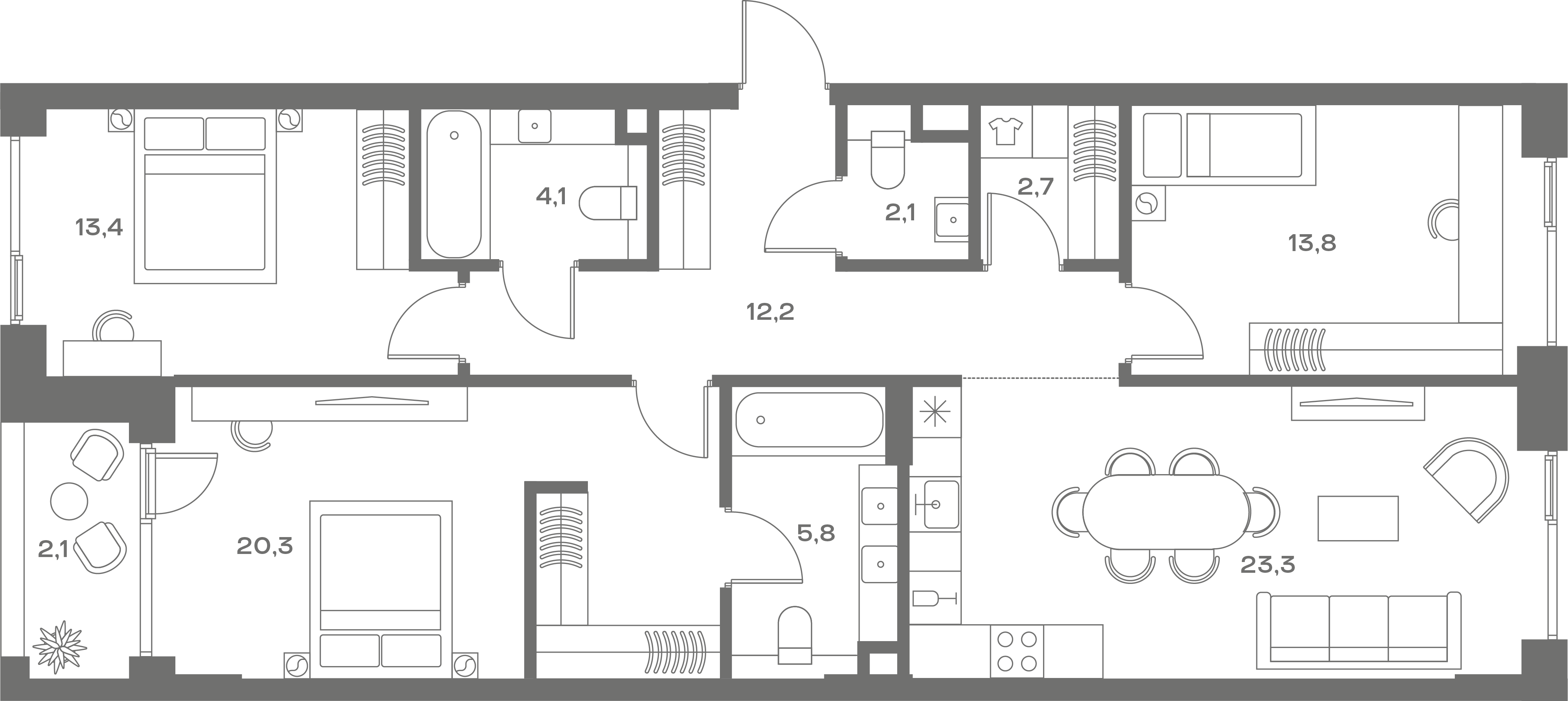 3 комн. квартира, 104.1 м², 2 этаж 