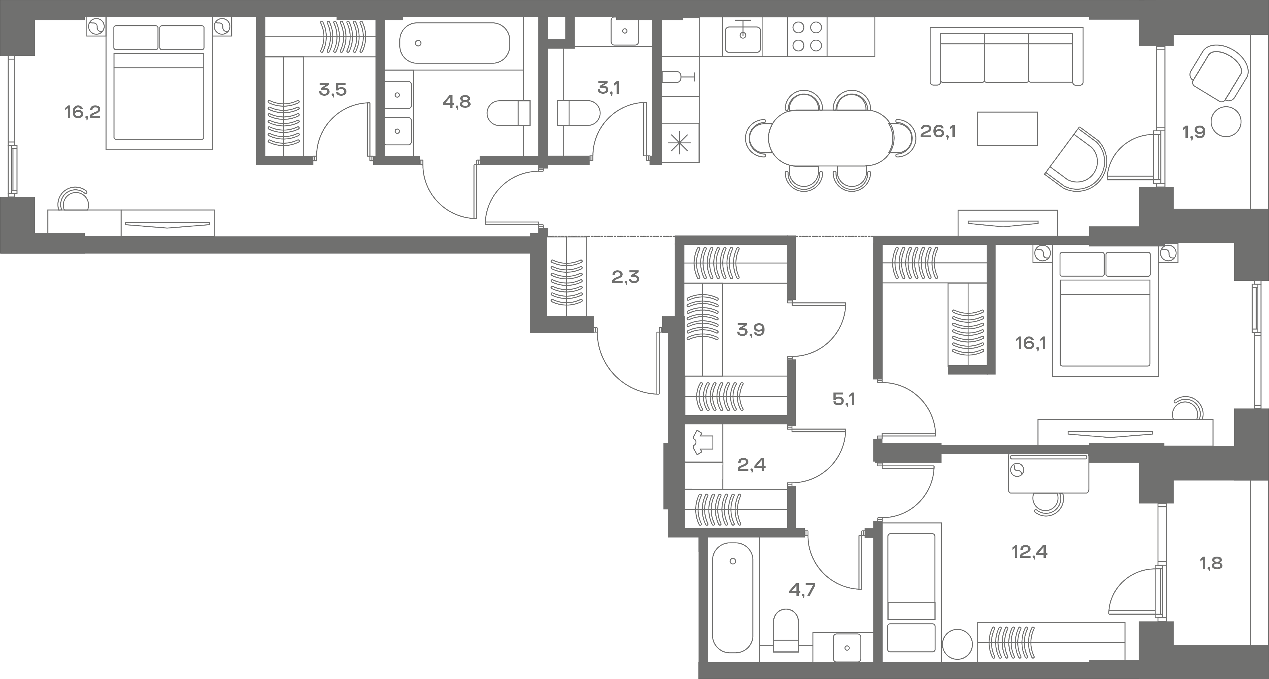3 комн. квартира, 107.9 м², 7 этаж 