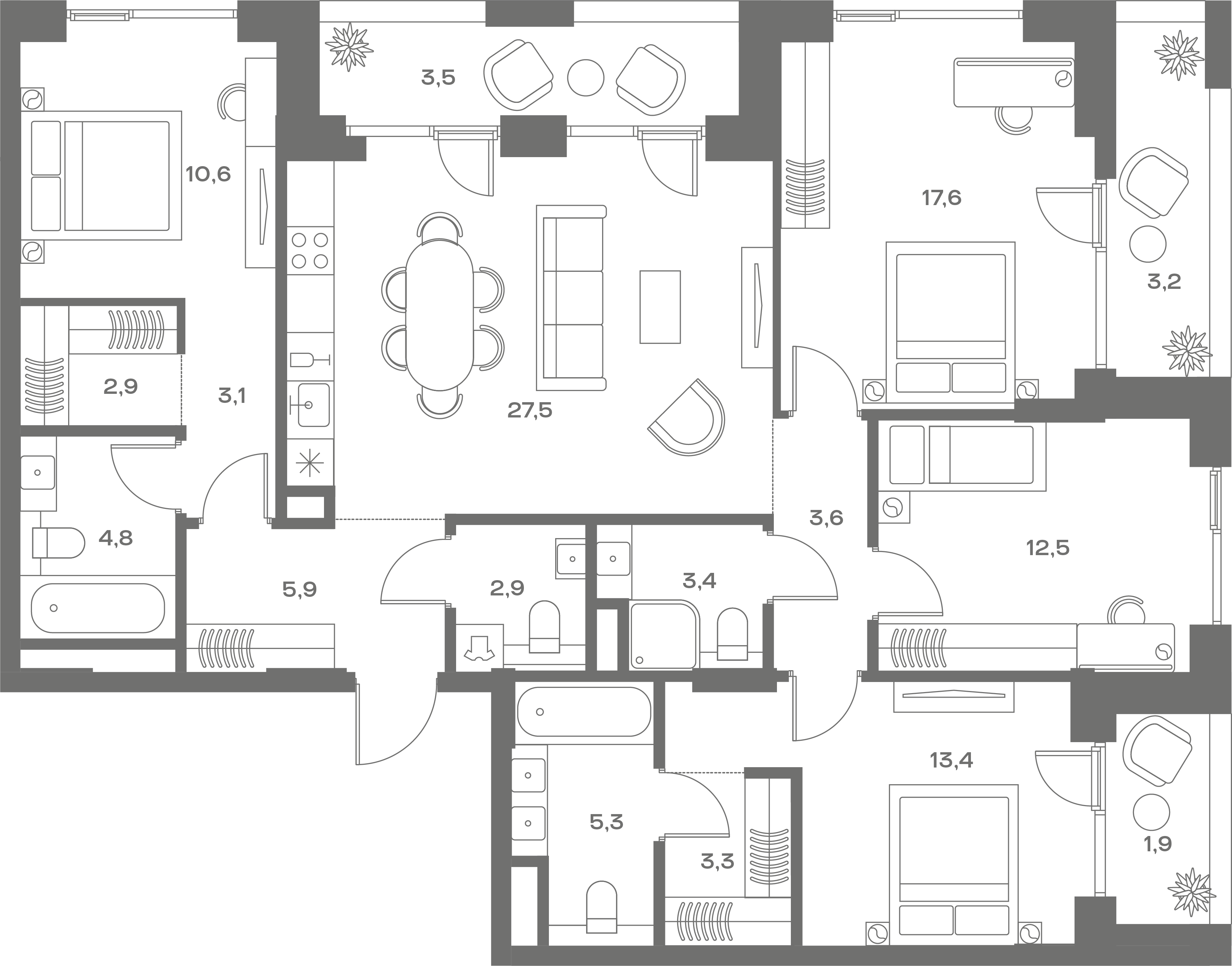 4 комн. квартира, 130.4 м², 2 этаж 