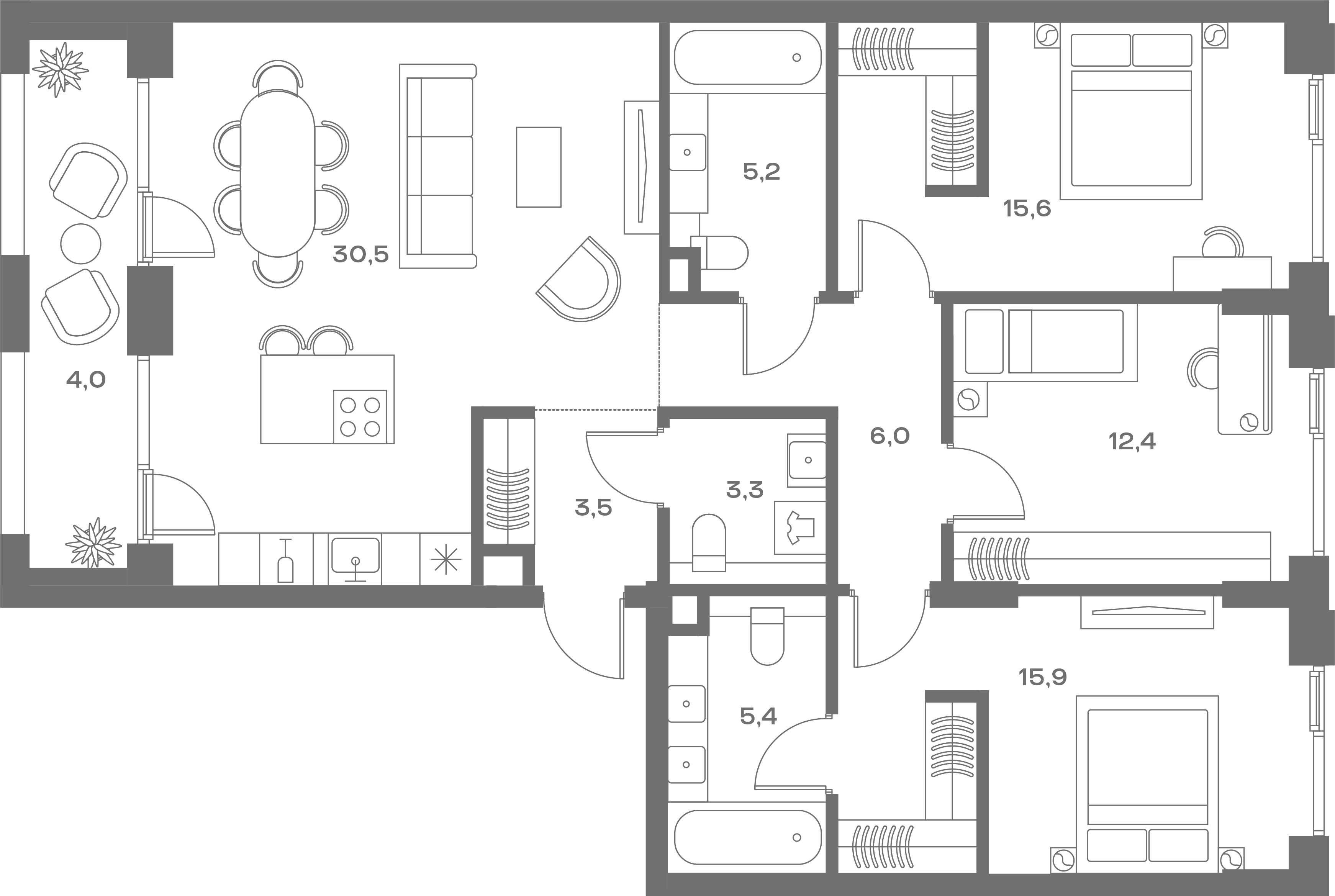 3 комн. квартира, 106.9 м², 2 этаж 