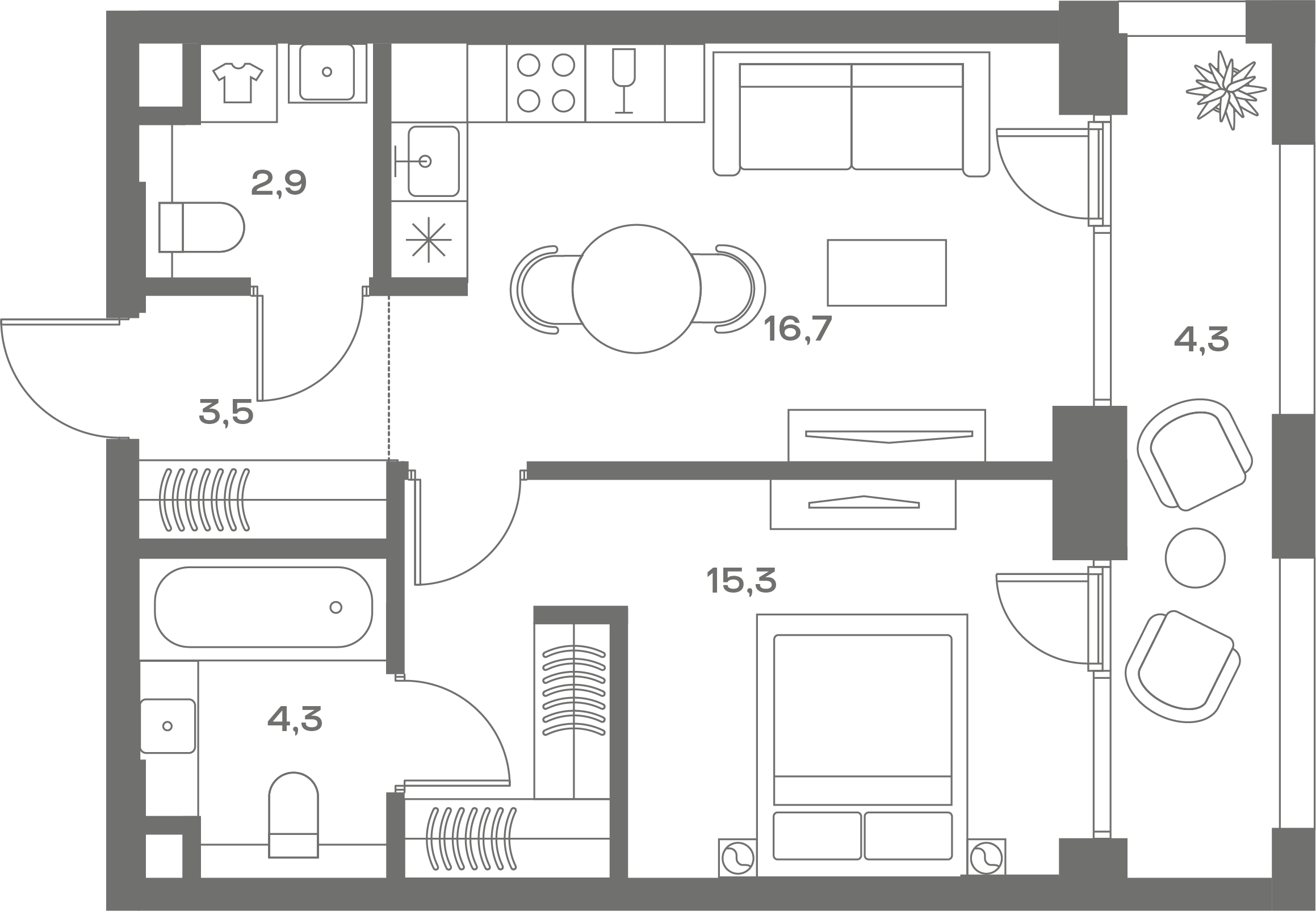 1 комн. квартира, 48.6 м², 2 этаж 