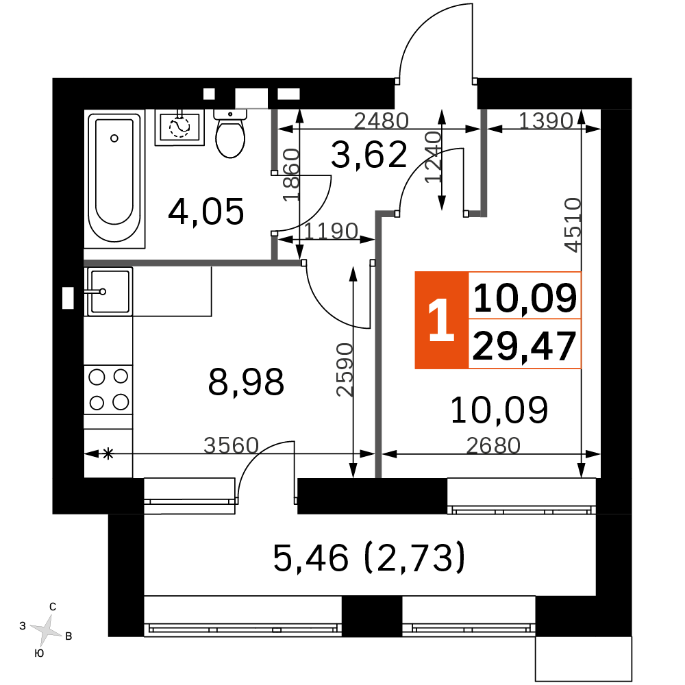 1 комн. квартира, 29.5 м², 2 этаж 