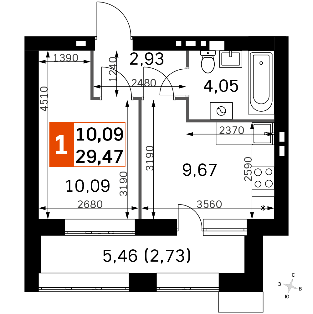 1 комн. квартира, 29.5 м², 4 этаж 