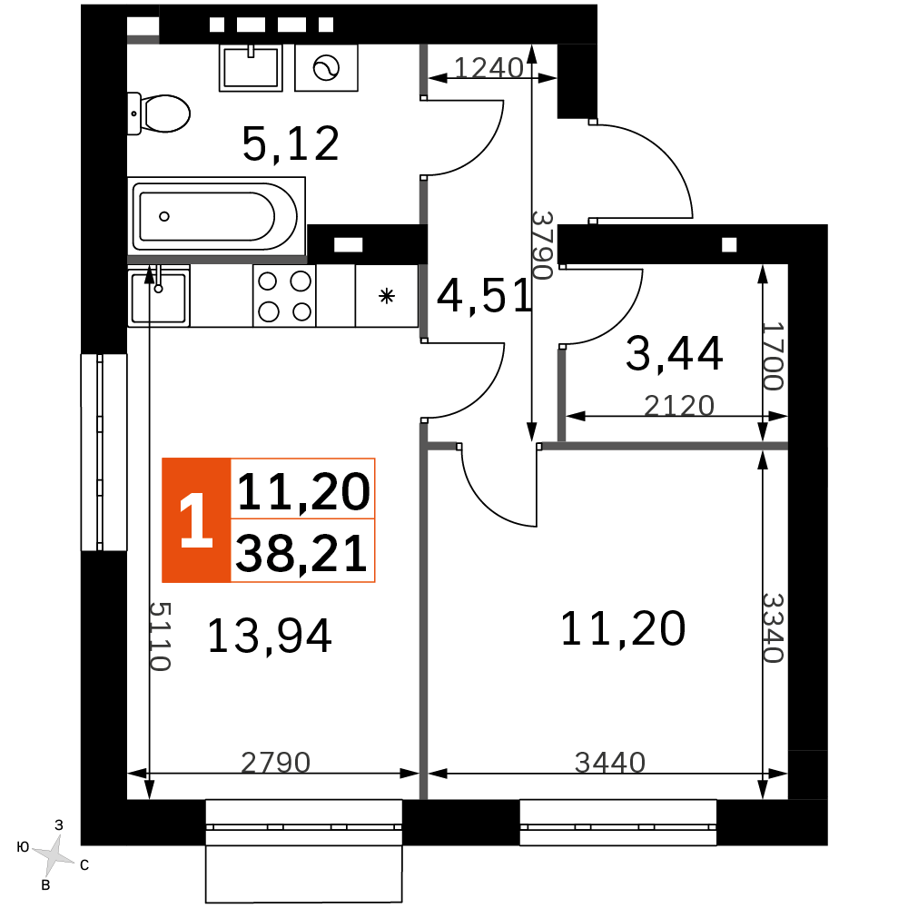 1 комн. квартира, 38.2 м², 3 этаж 
