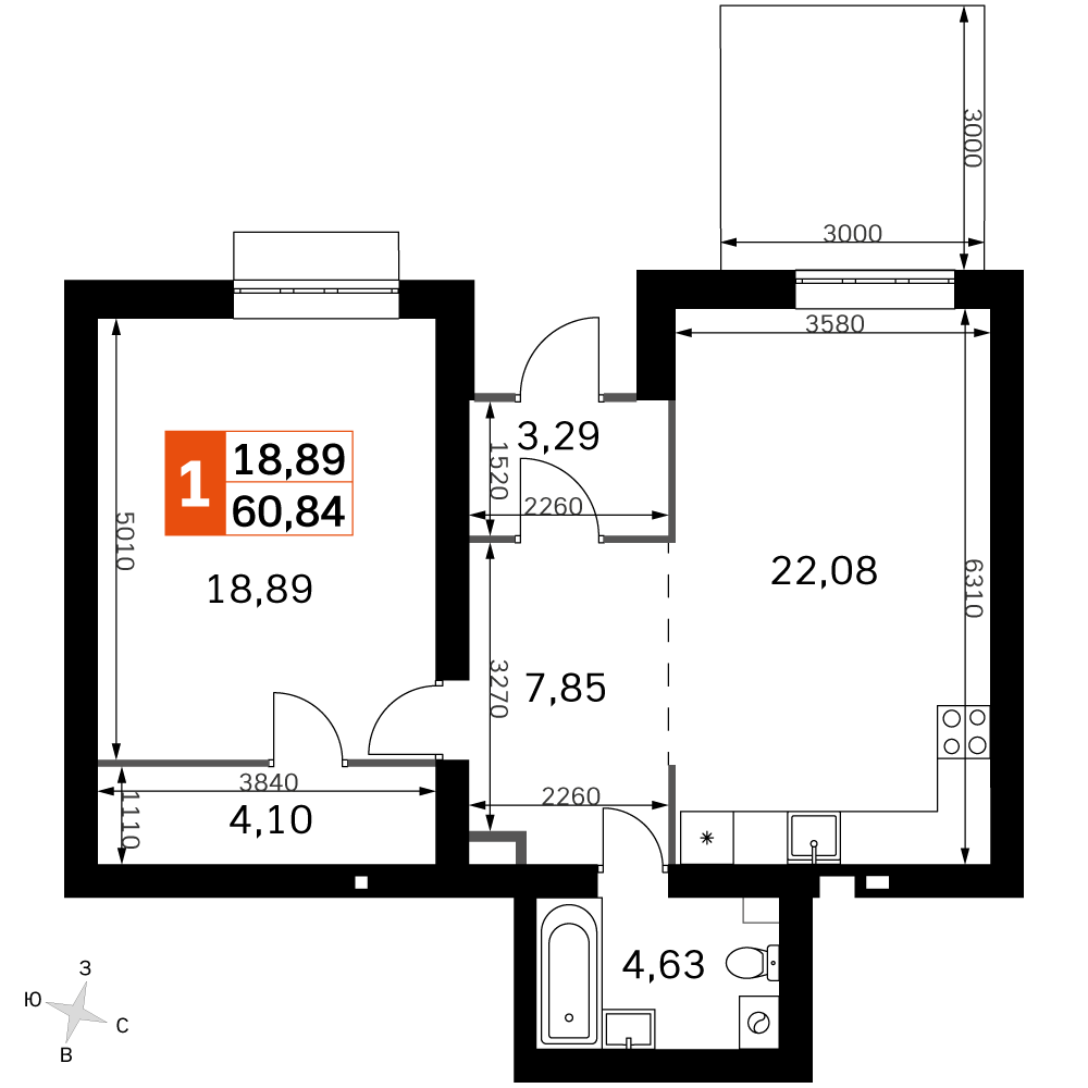 2 комн. квартира, 60.8 м², 1 этаж 