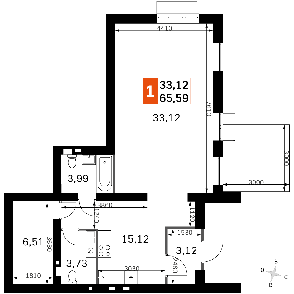 2 комн. квартира, 65.6 м², 1 этаж 