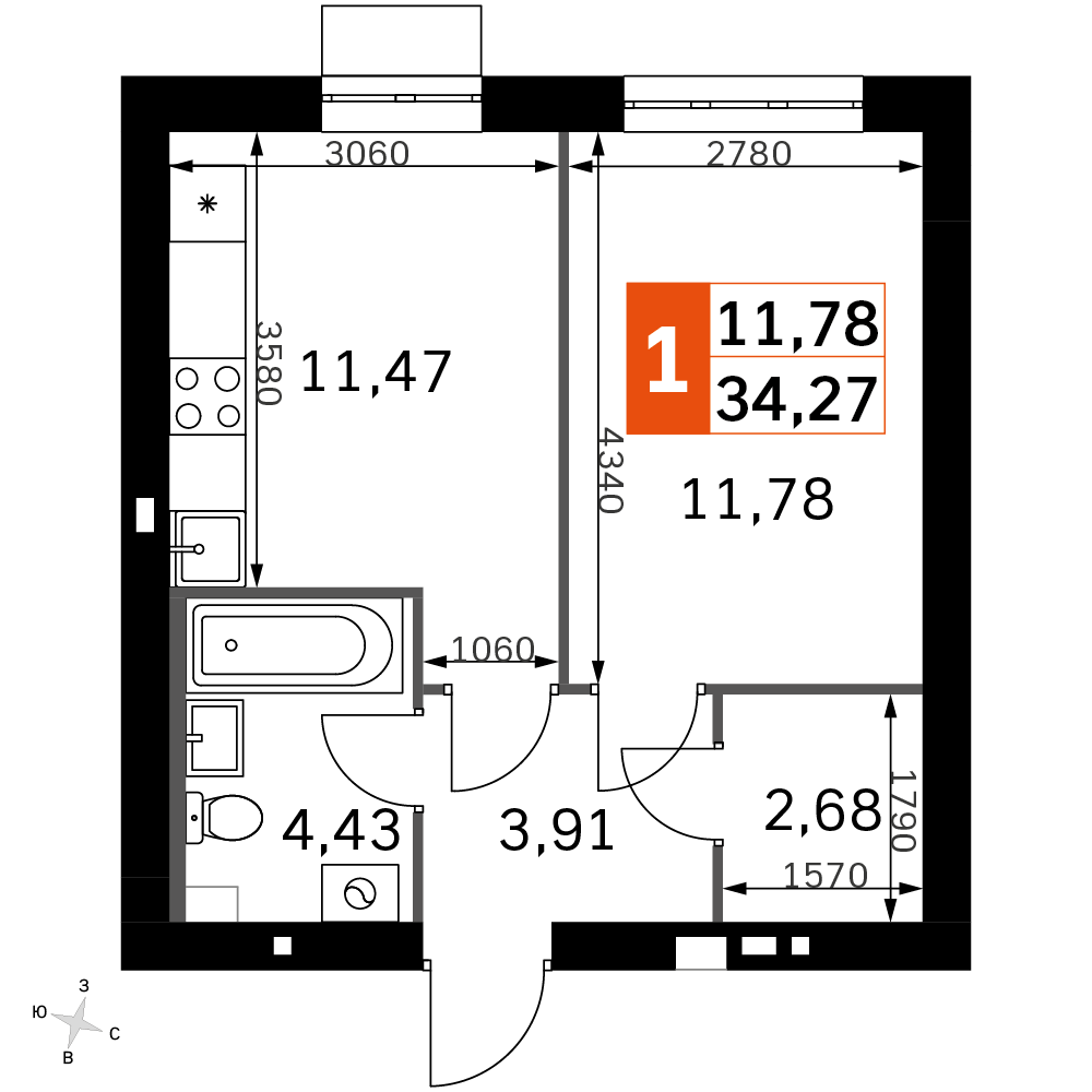 1 комн. квартира, 34.3 м², 2 этаж 