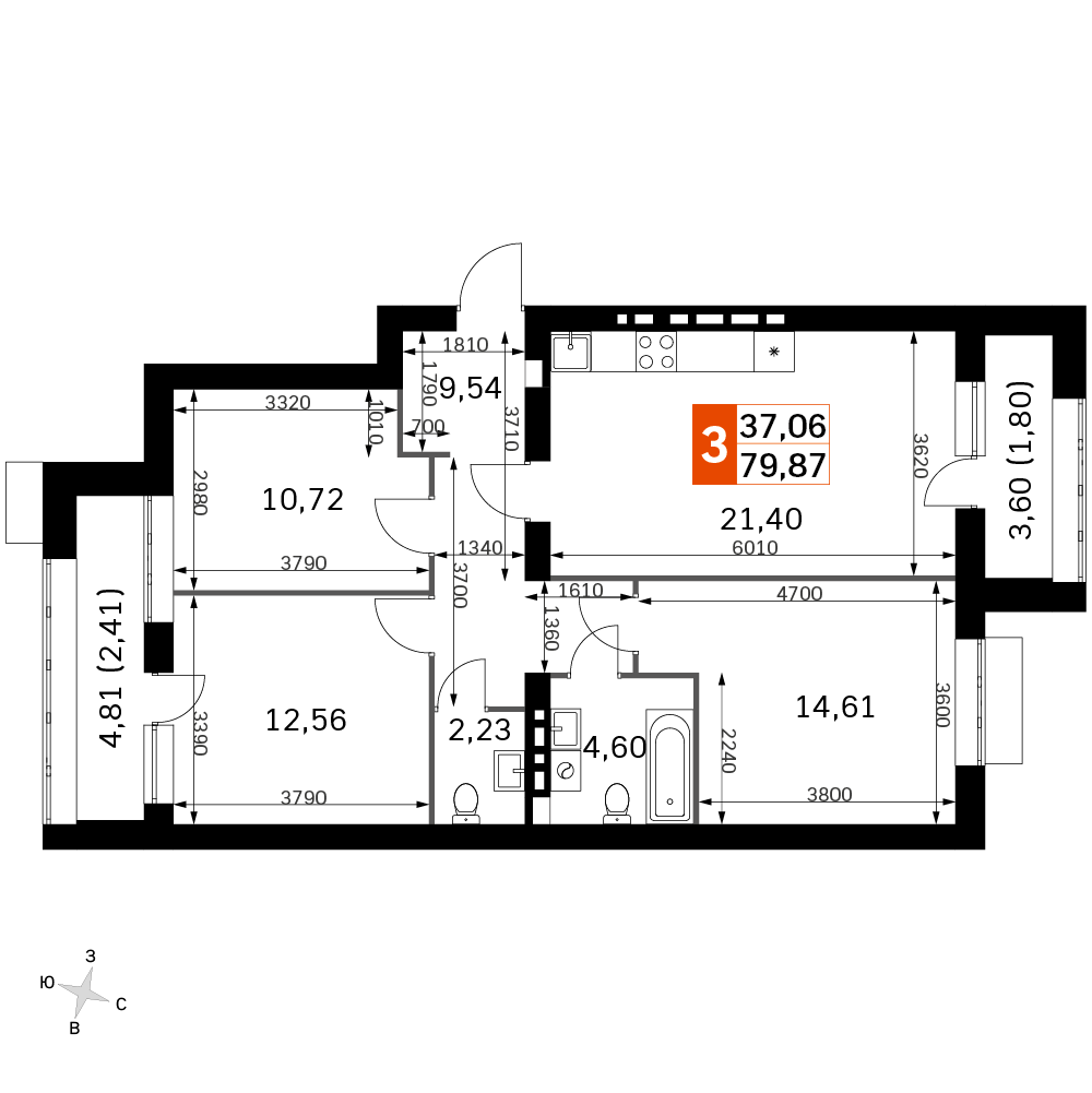 3 комн. квартира, 79.9 м², 4 этаж 