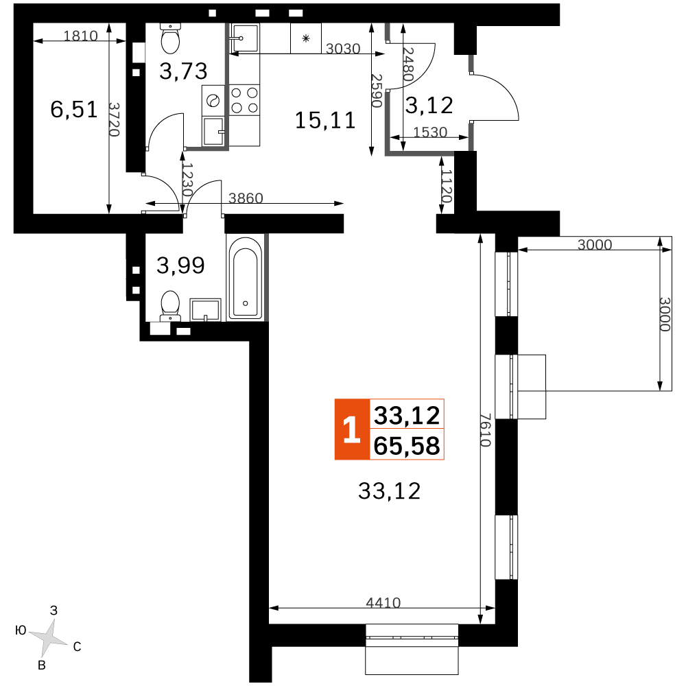 2 комн. квартира, 65.6 м², 1 этаж 