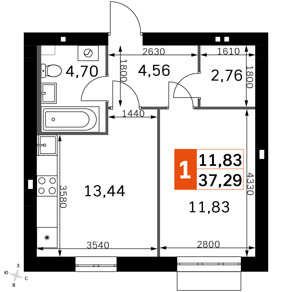 1 комн. квартира, 37.3 м², 3 этаж 
