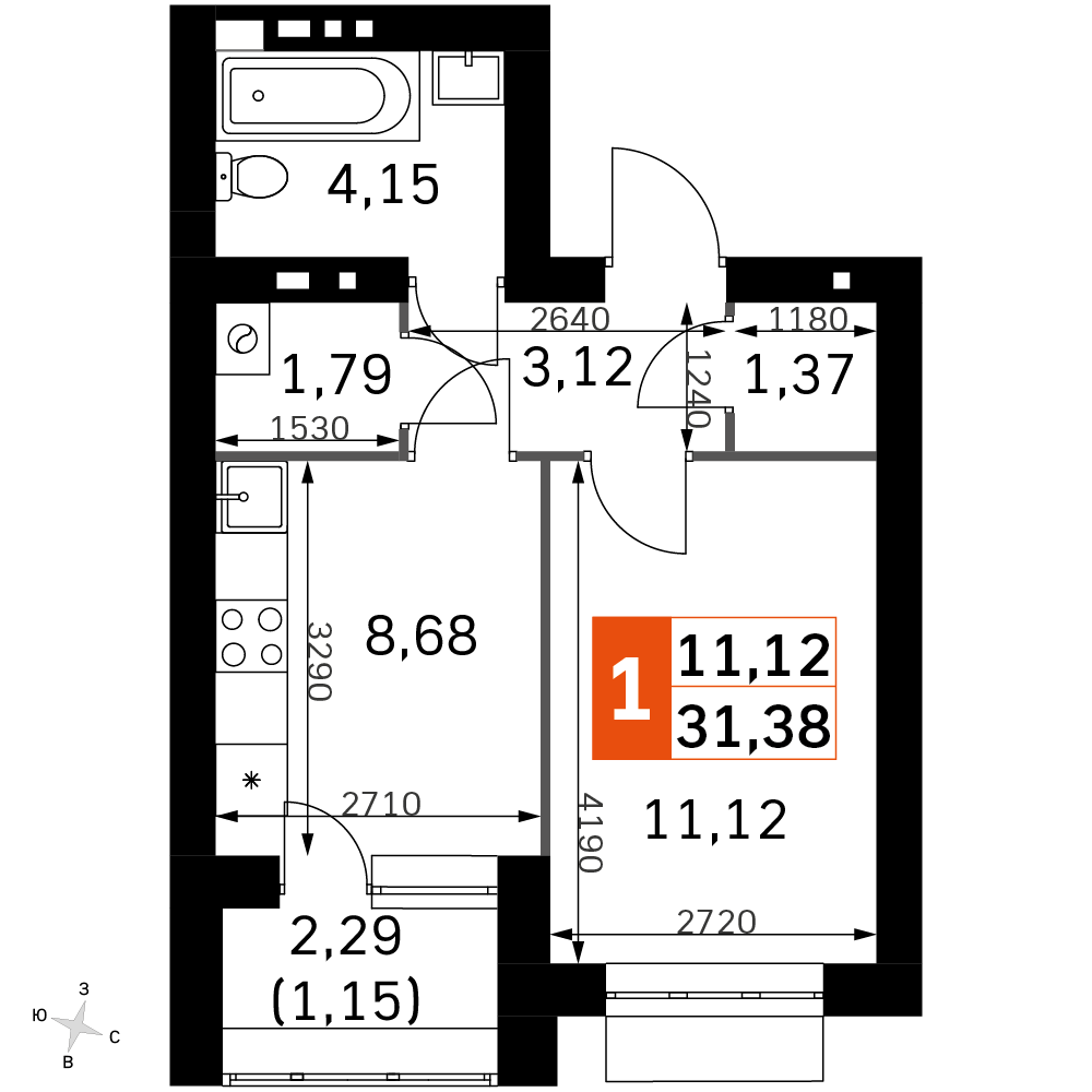 1 комн. квартира, 31.4 м², 2 этаж 