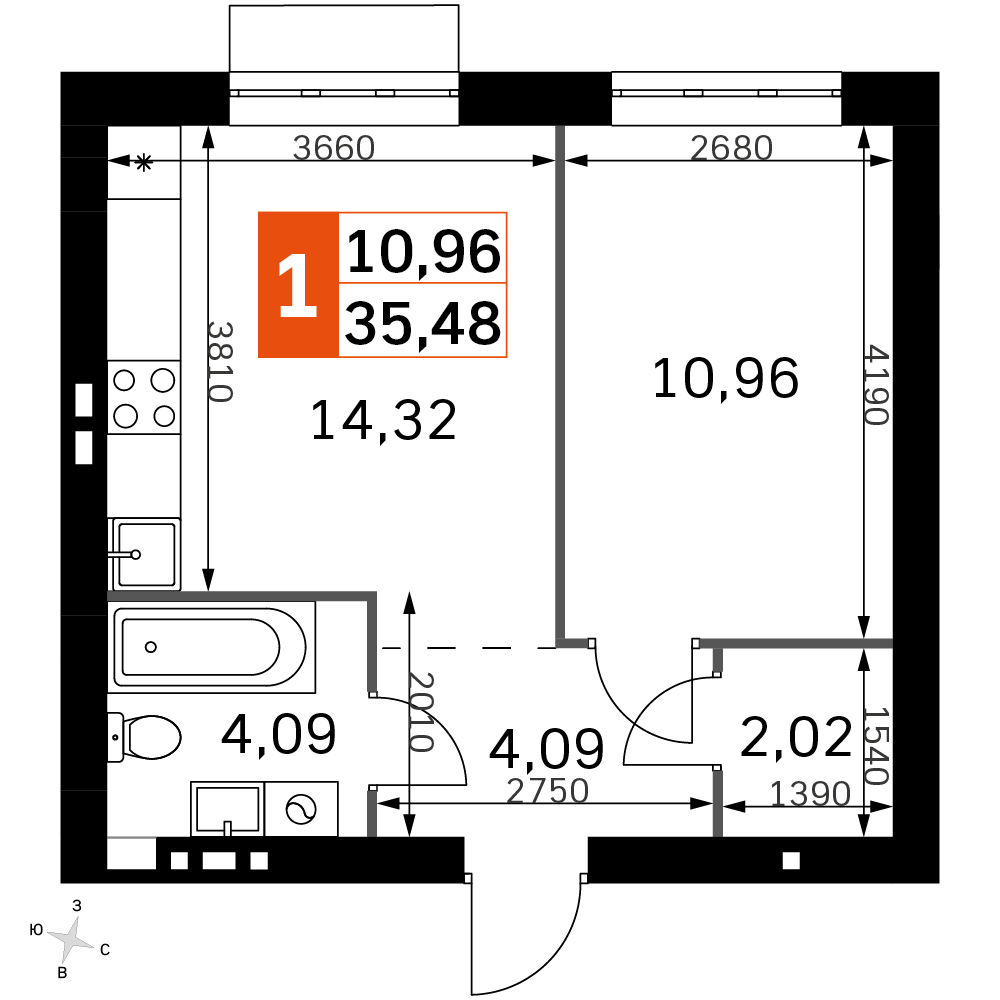 1 комн. квартира, 35.5 м², 2 этаж 