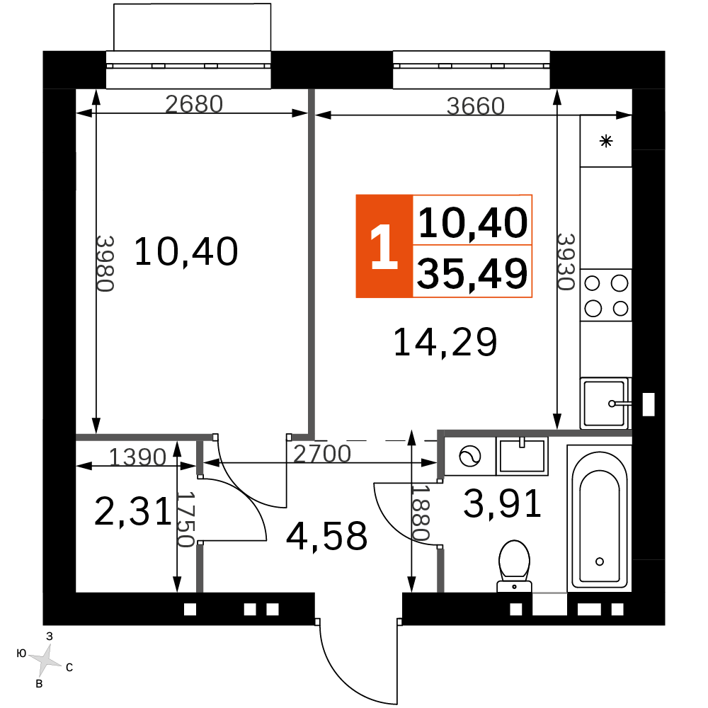 1 комн. квартира, 35.5 м², 3 этаж 