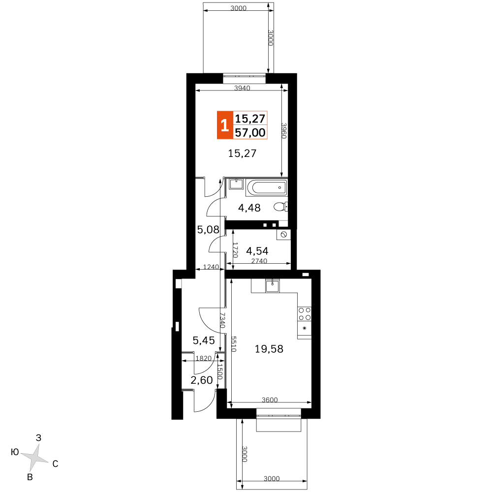 2 комн. квартира, 57 м², 1 этаж 