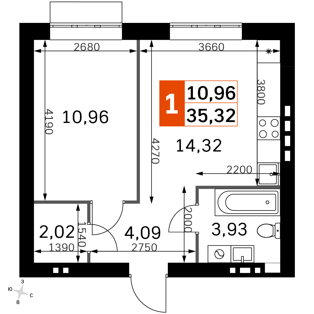 1 комн. квартира, 35.3 м², 4 этаж 